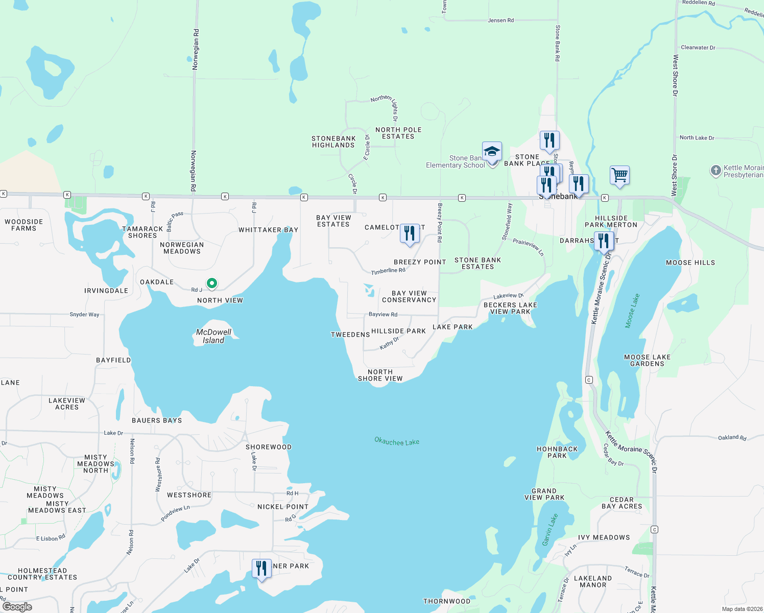 map of restaurants, bars, coffee shops, grocery stores, and more near N64W34230 South Bayview Road in Oconomowoc