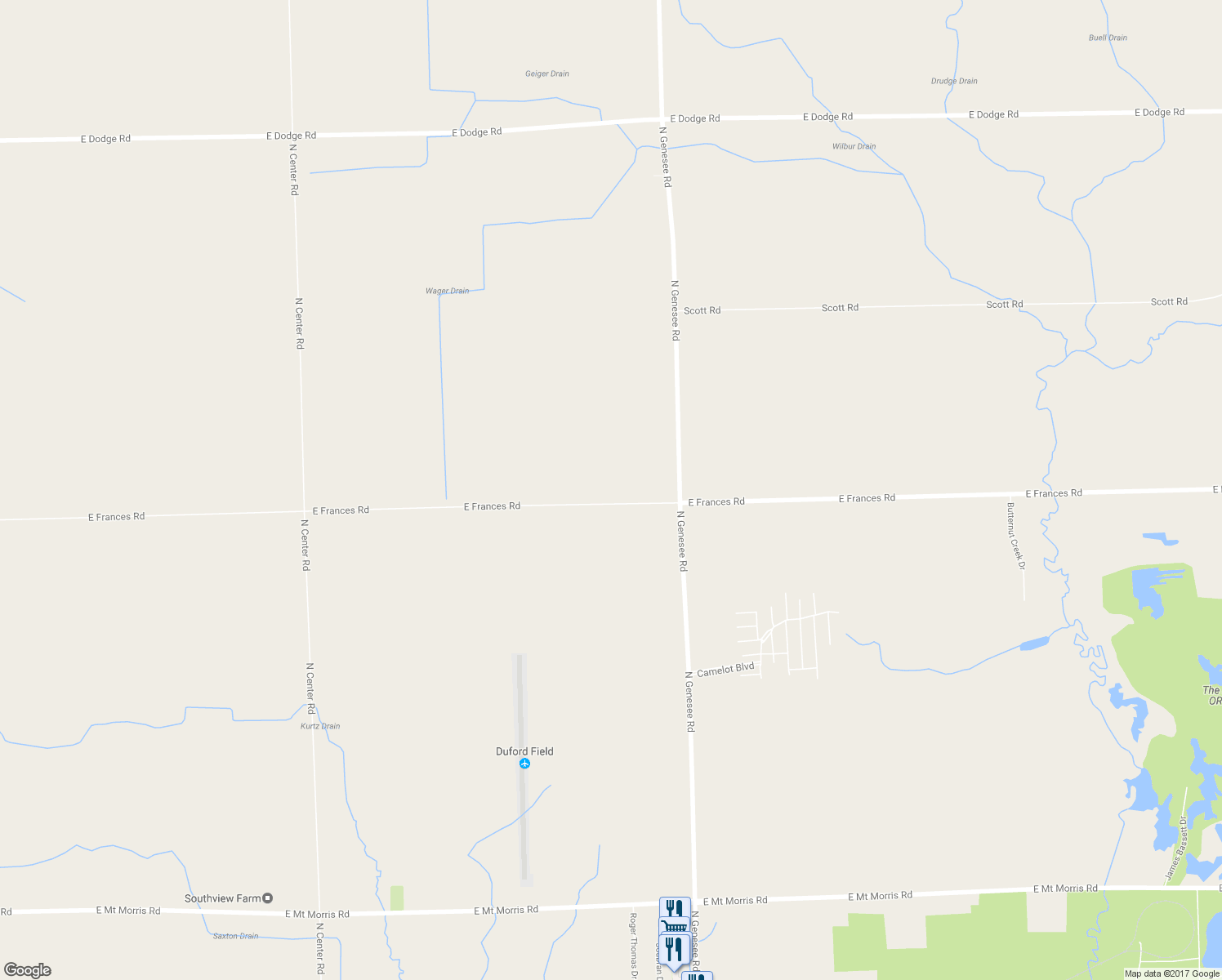 map of restaurants, bars, coffee shops, grocery stores, and more near 4431 East Frances Road in Mount Morris
