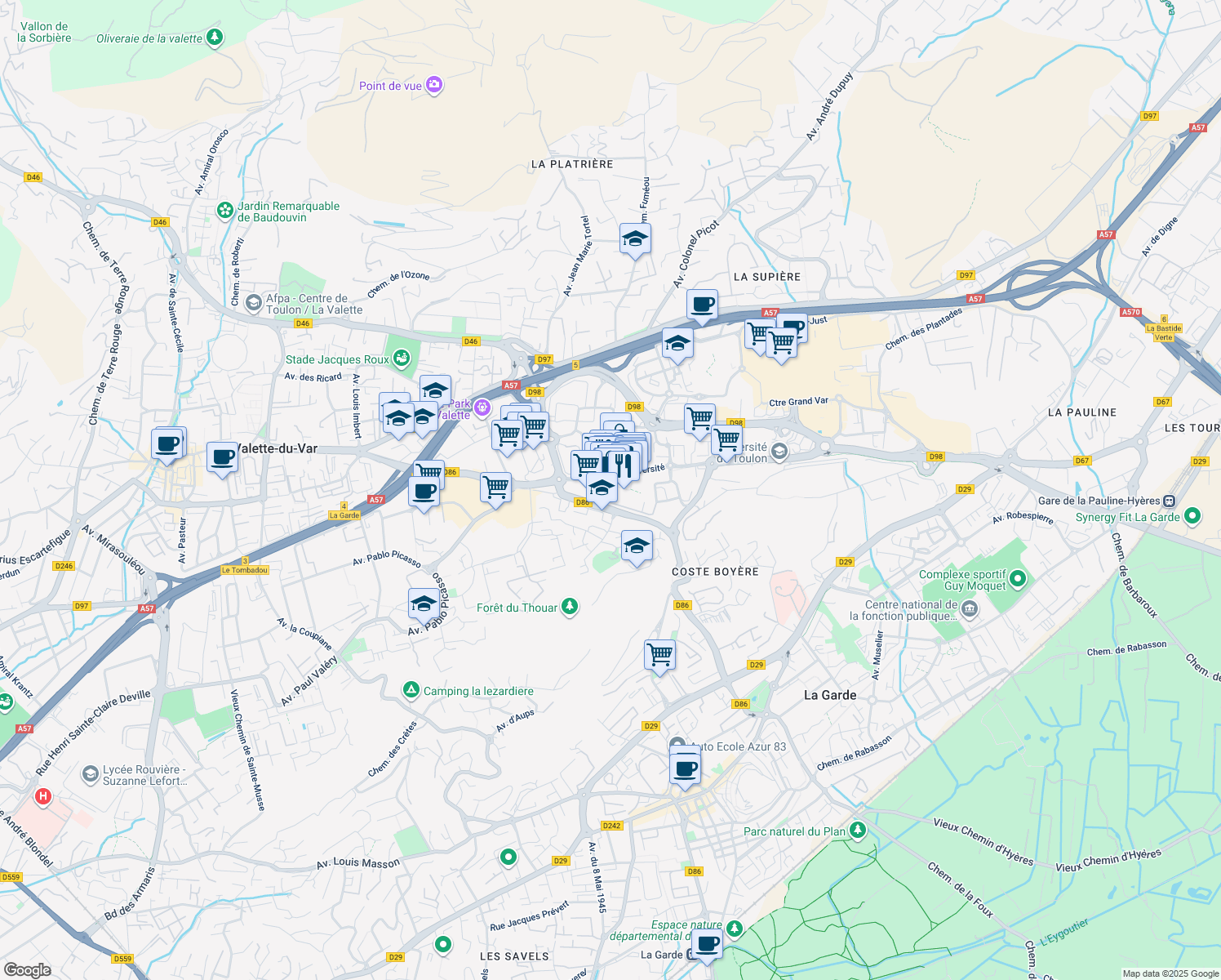 map of restaurants, bars, coffee shops, grocery stores, and more near 300 Avenue de l'Université in La Valette-du-Var