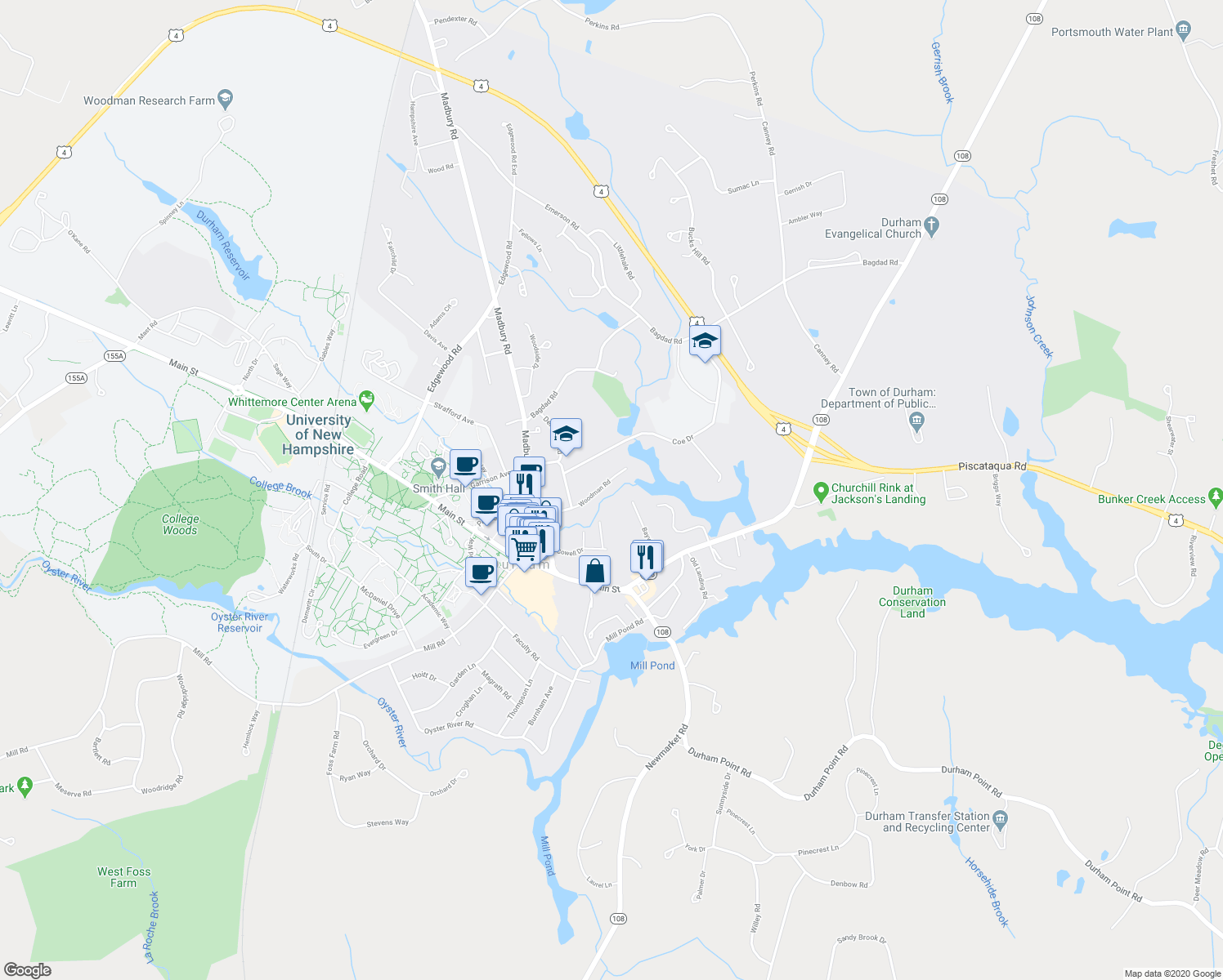 map of restaurants, bars, coffee shops, grocery stores, and more near 36 Woodman Road in Durham