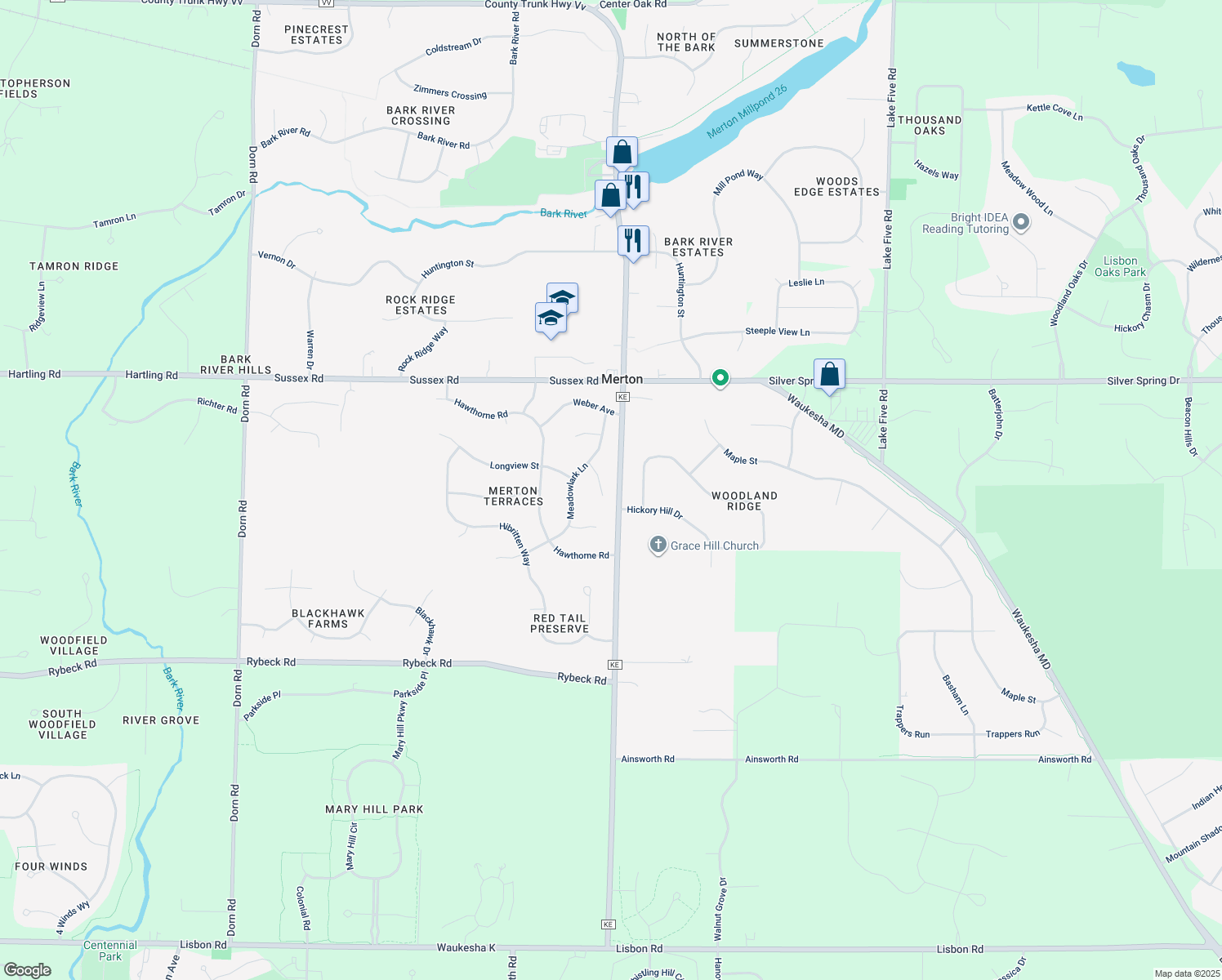 map of restaurants, bars, coffee shops, grocery stores, and more near W282N6570 Irving Place in Hartland
