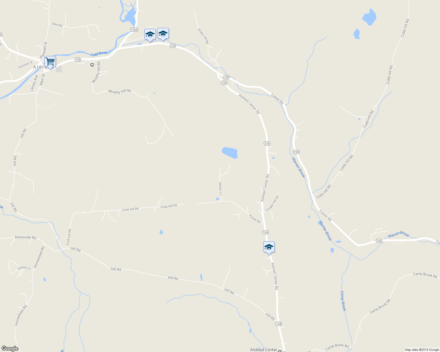 map of restaurants, bars, coffee shops, grocery stores, and more near Allison Lane in Alstead