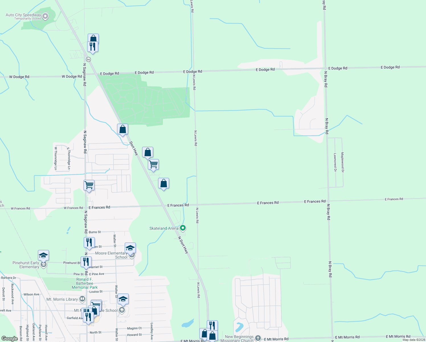 map of restaurants, bars, coffee shops, grocery stores, and more near 9144 North Lewis Road in Clio