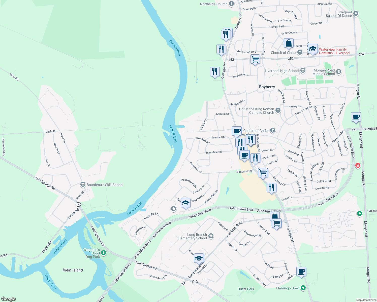 map of restaurants, bars, coffee shops, grocery stores, and more near 101 Shoreview Dr in Liverpool