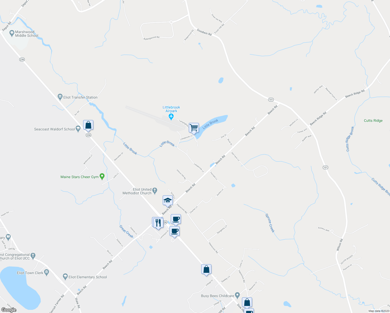 map of restaurants, bars, coffee shops, grocery stores, and more near 31 Fernald Lane in Eliot