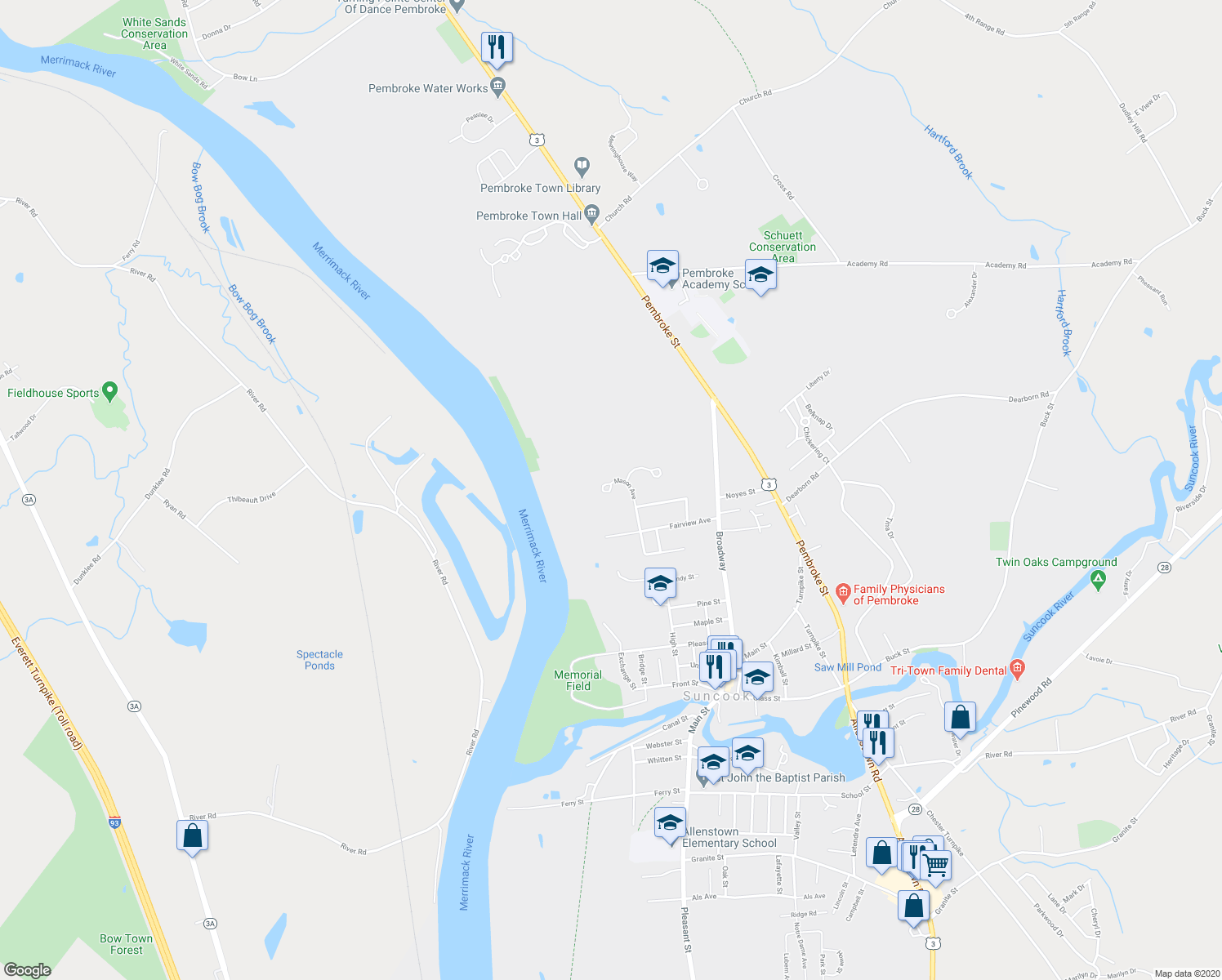 map of restaurants, bars, coffee shops, grocery stores, and more near 40 Mason Avenue in Suncook