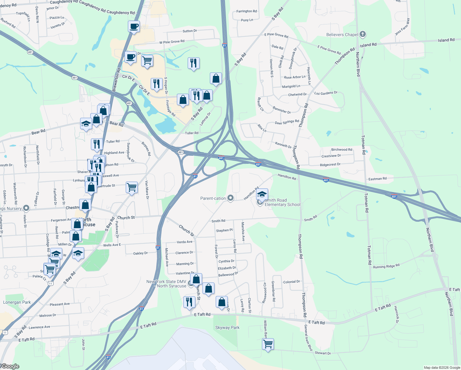 map of restaurants, bars, coffee shops, grocery stores, and more near 109 Cora Ave in Syracuse