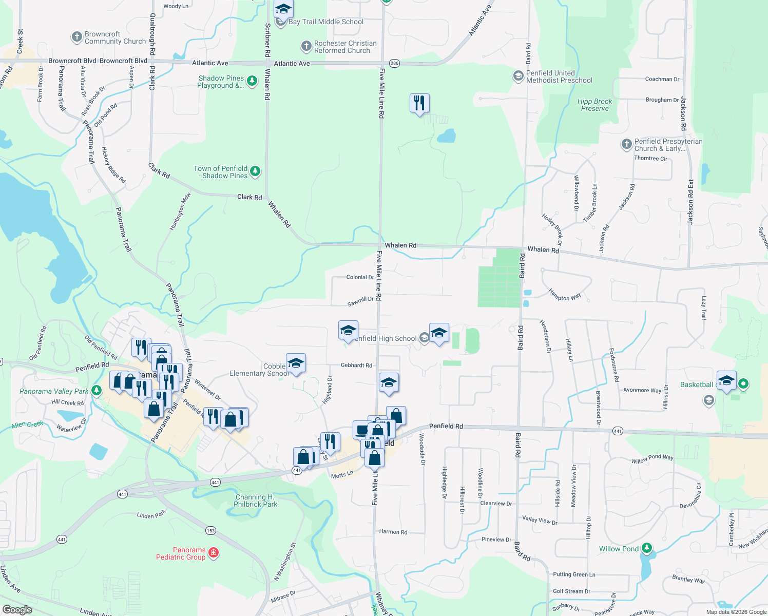 map of restaurants, bars, coffee shops, grocery stores, and more near 2000 Five Mile Line Road in Penfield
