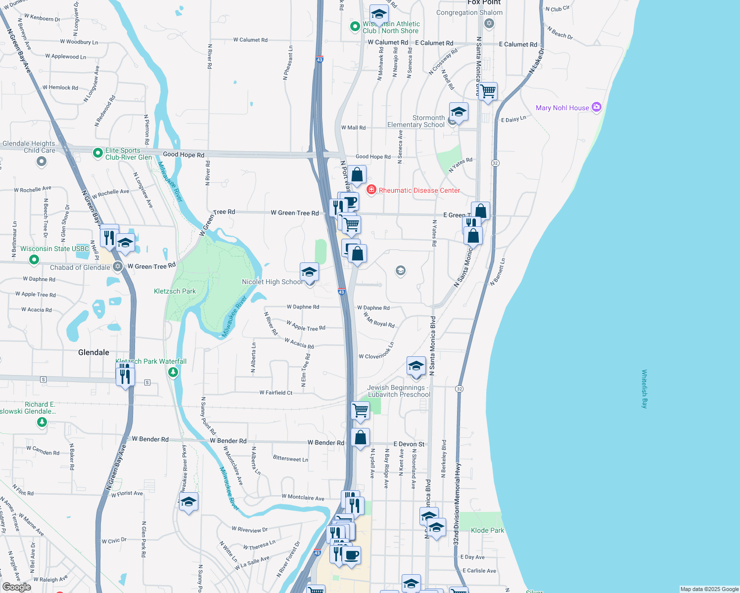 map of restaurants, bars, coffee shops, grocery stores, and more near 255 West Coventry Court in Glendale