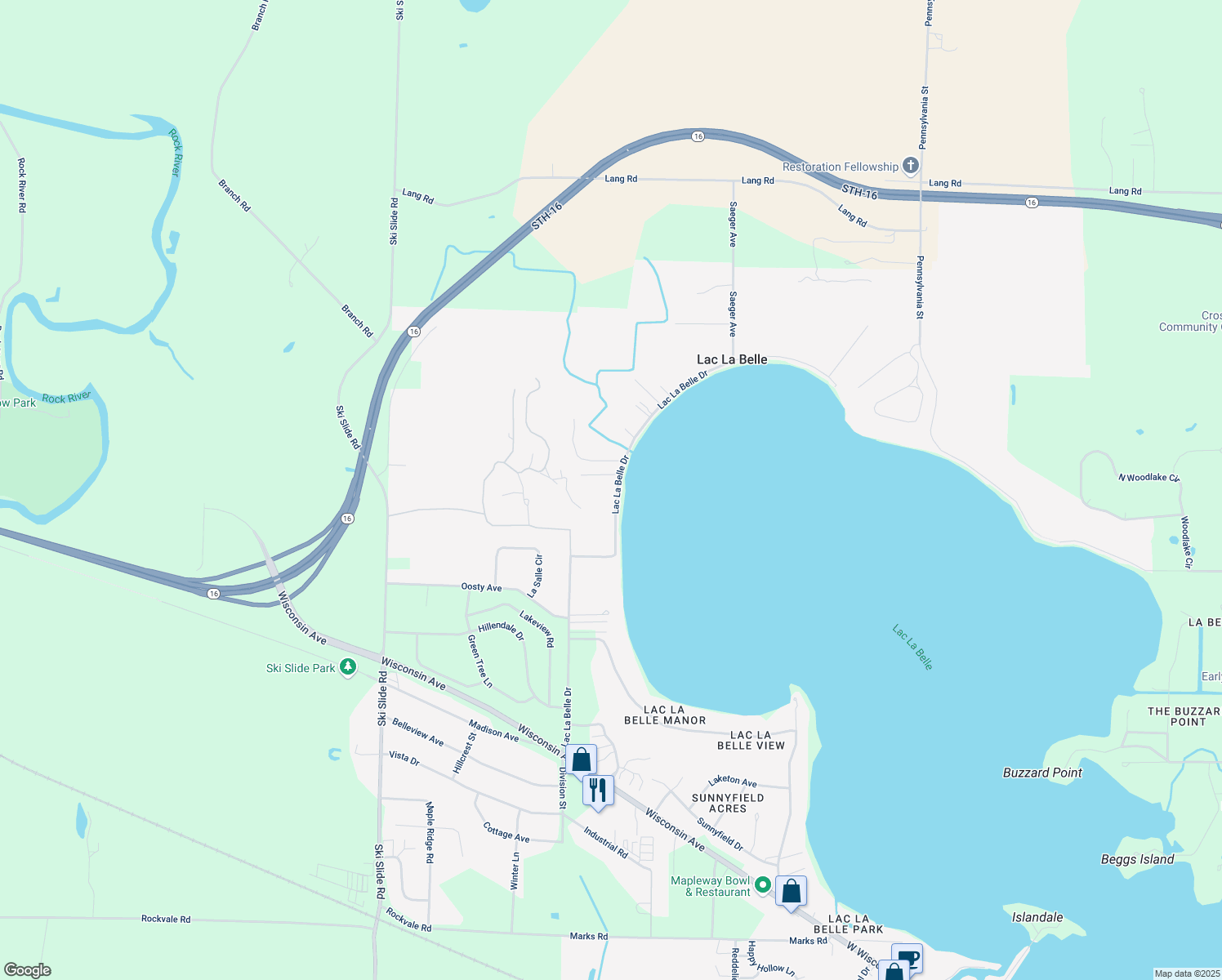 map of restaurants, bars, coffee shops, grocery stores, and more near 590 Lac La Belle Drive in Oconomowoc