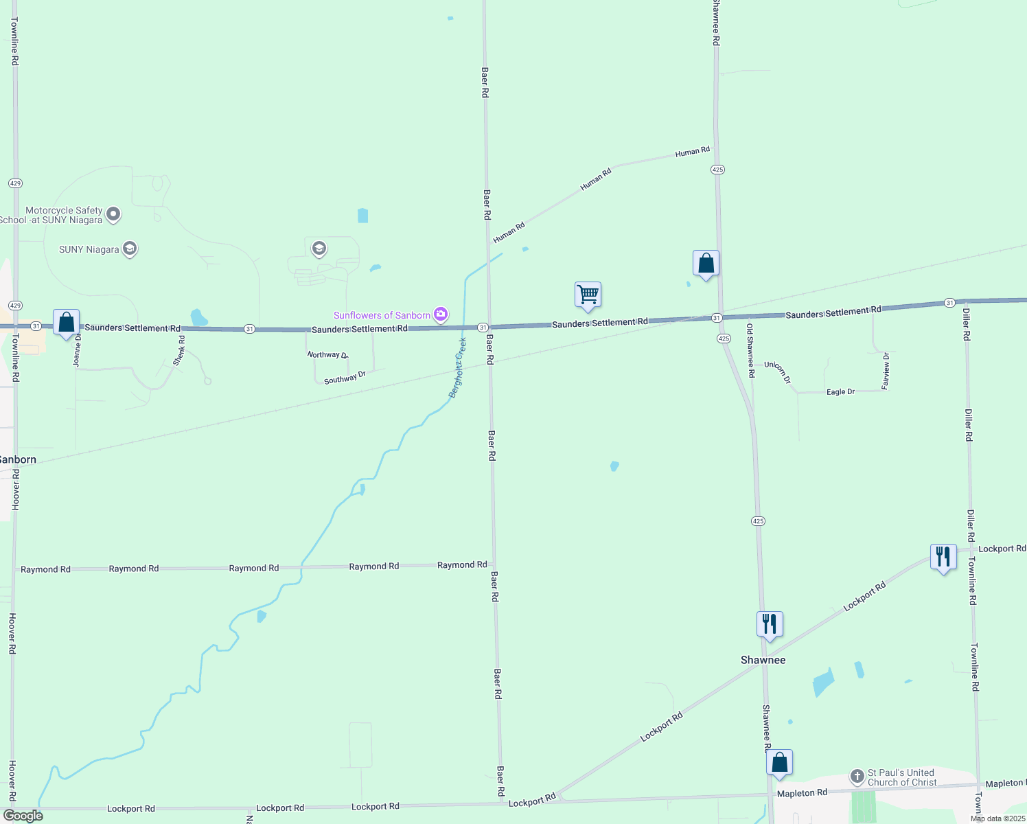 map of restaurants, bars, coffee shops, grocery stores, and more near 5843 Baer Road in Sanborn