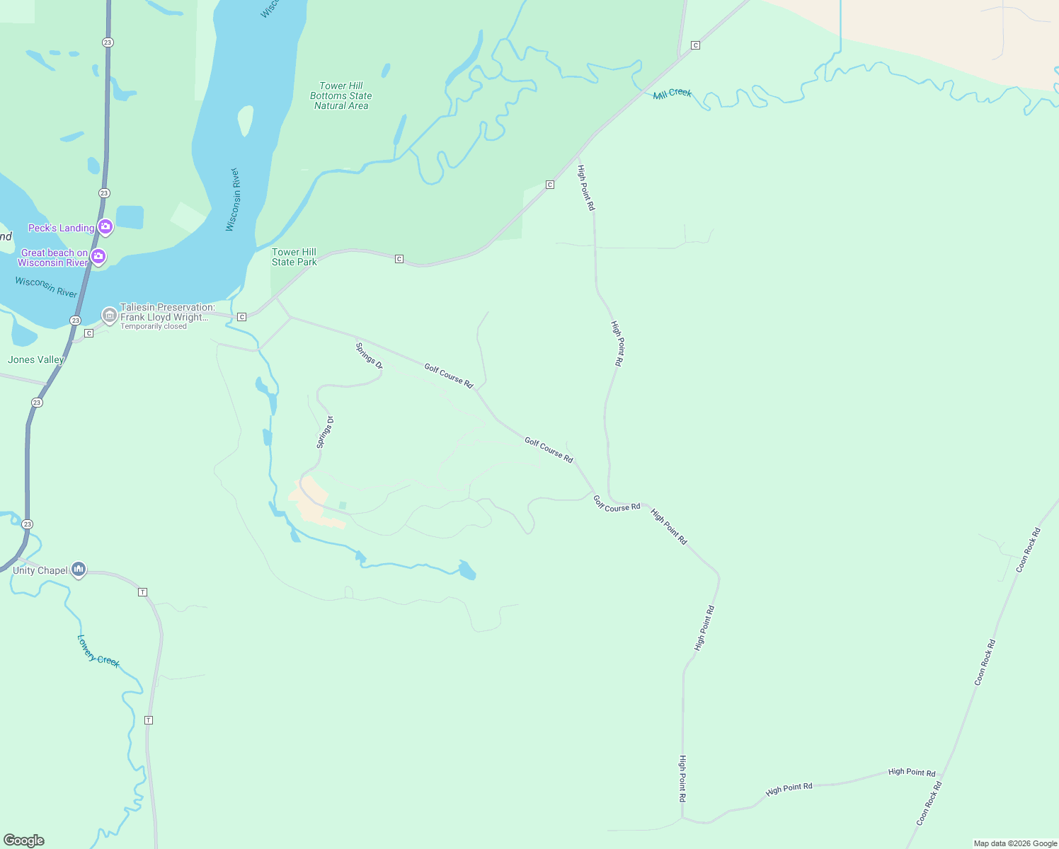 map of restaurants, bars, coffee shops, grocery stores, and more near 6018 Golf Course Road in Spring Green