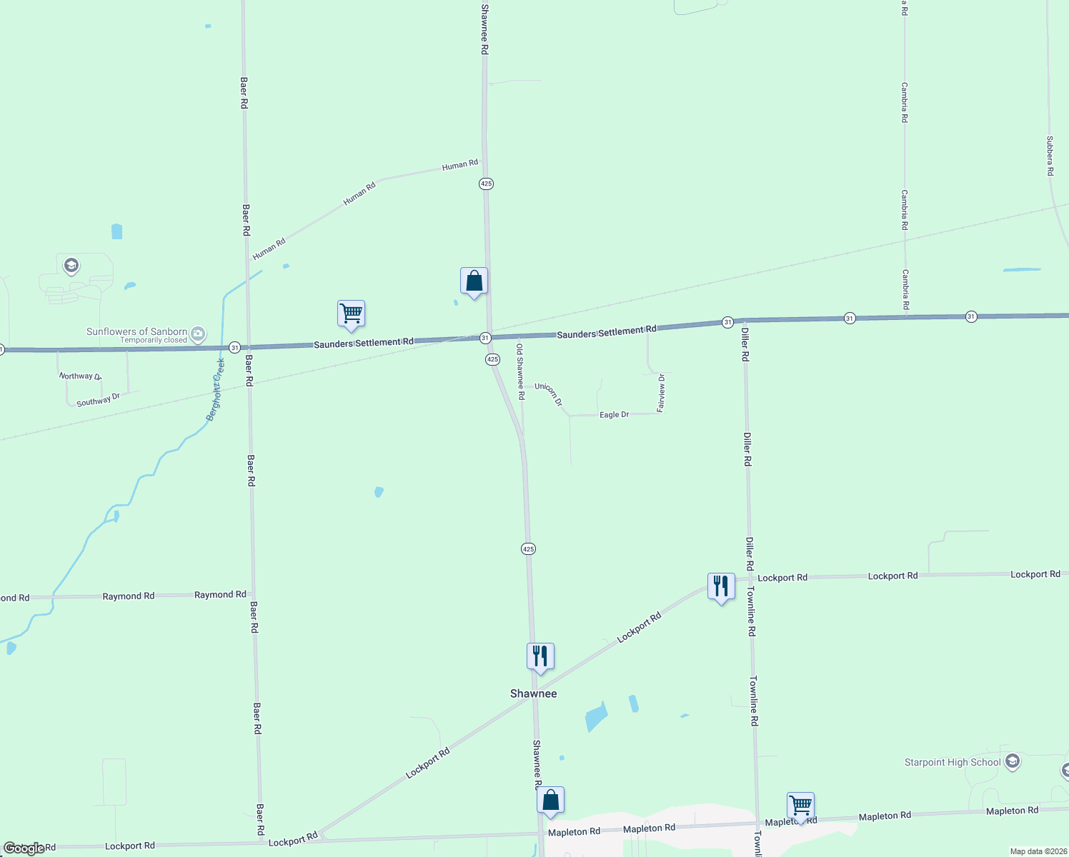 map of restaurants, bars, coffee shops, grocery stores, and more near 5831 Shawnee Road in Sanborn