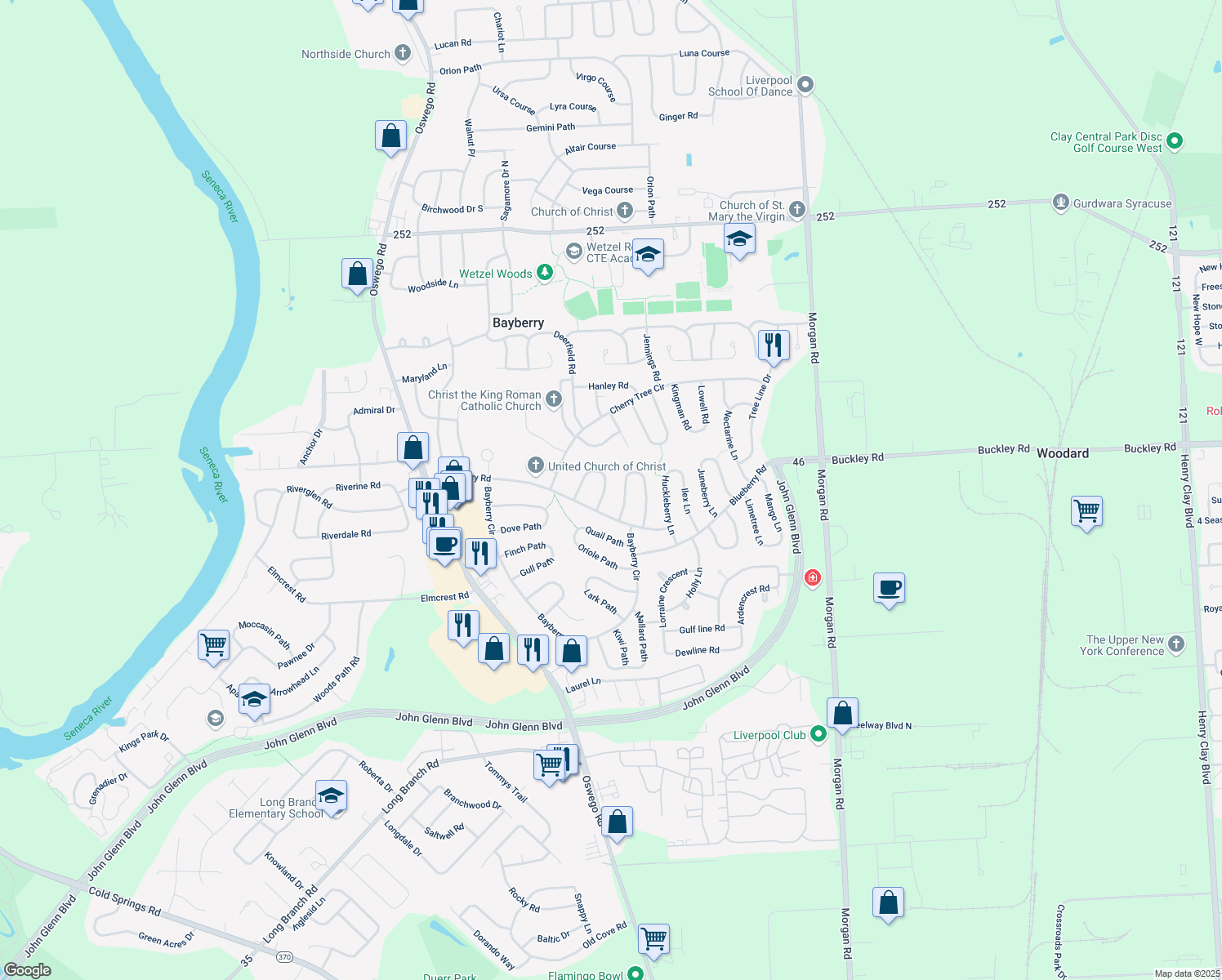 map of restaurants, bars, coffee shops, grocery stores, and more near 8 Elderberry Lane in Liverpool