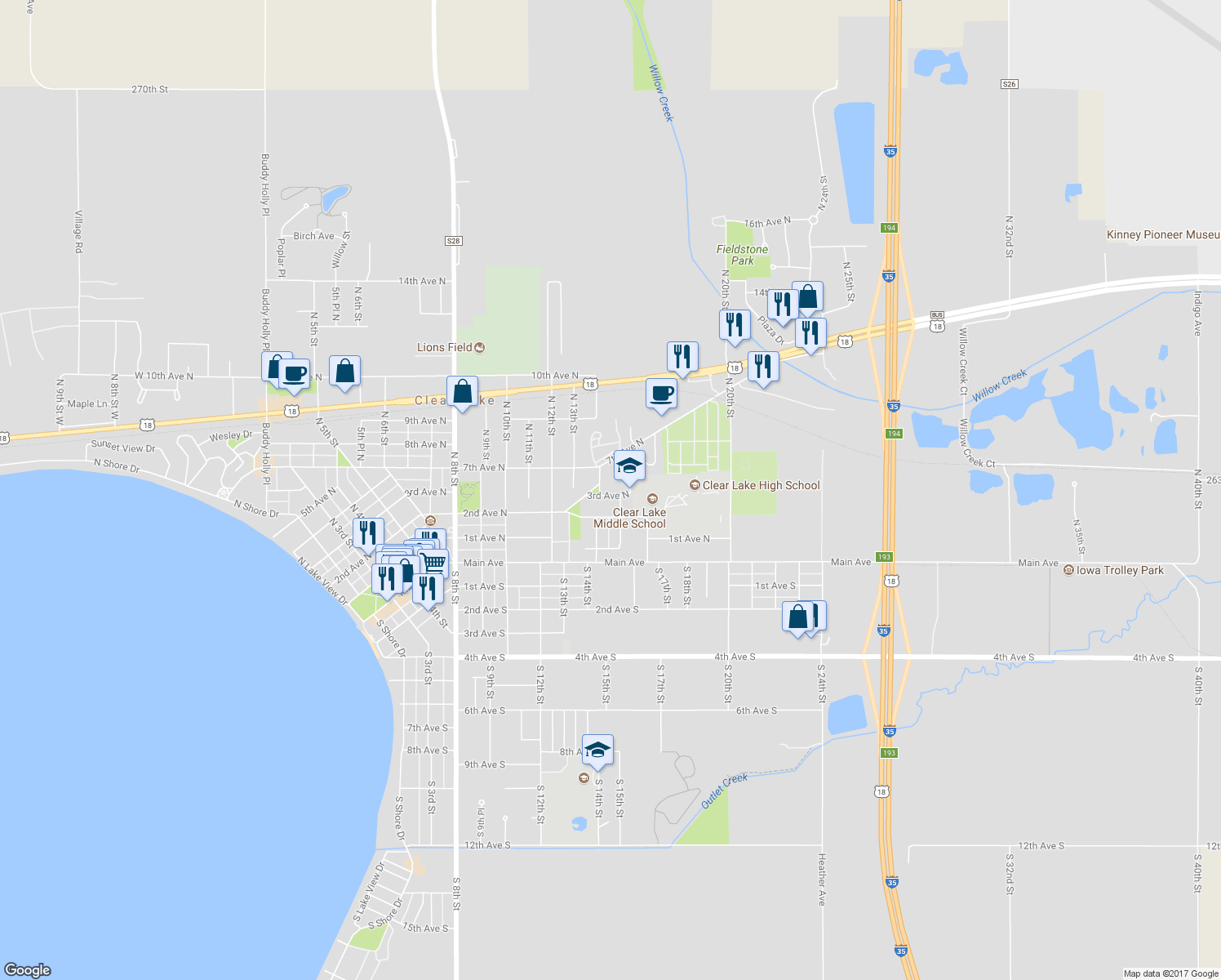 map of restaurants, bars, coffee shops, grocery stores, and more near 1410 3rd Avenue North in Clear Lake