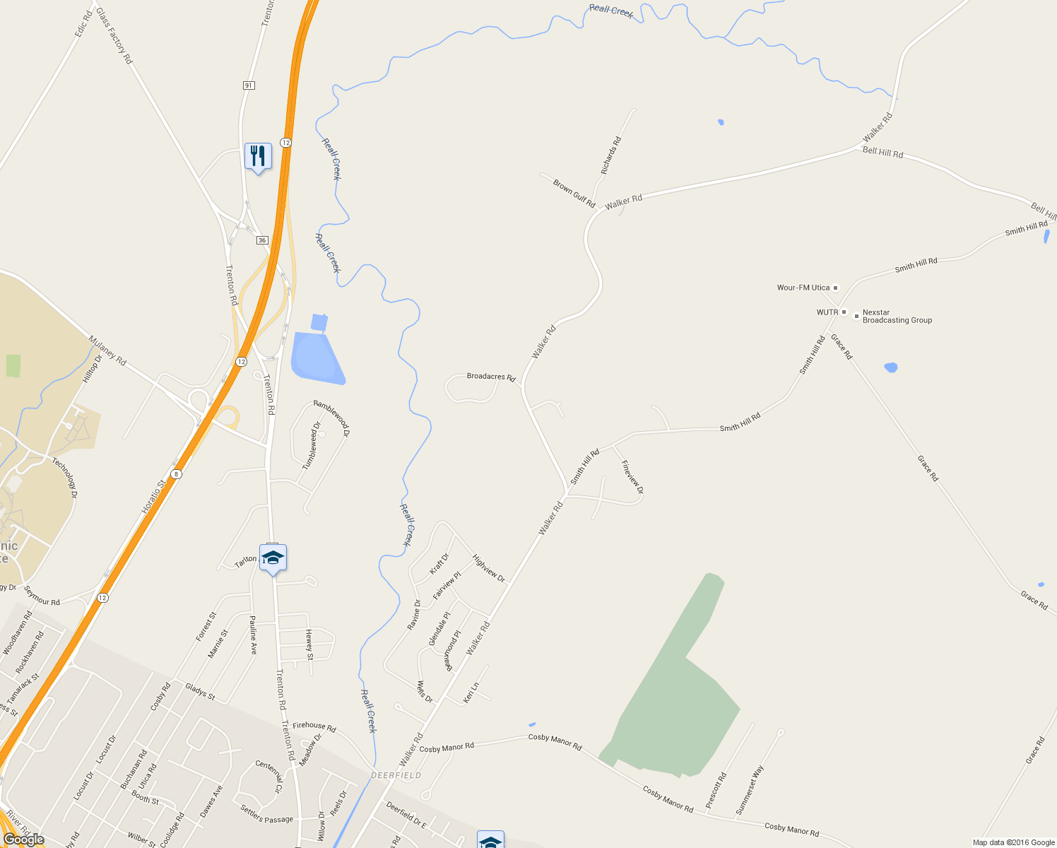 map of restaurants, bars, coffee shops, grocery stores, and more near 5745 Walker Rd in Utica