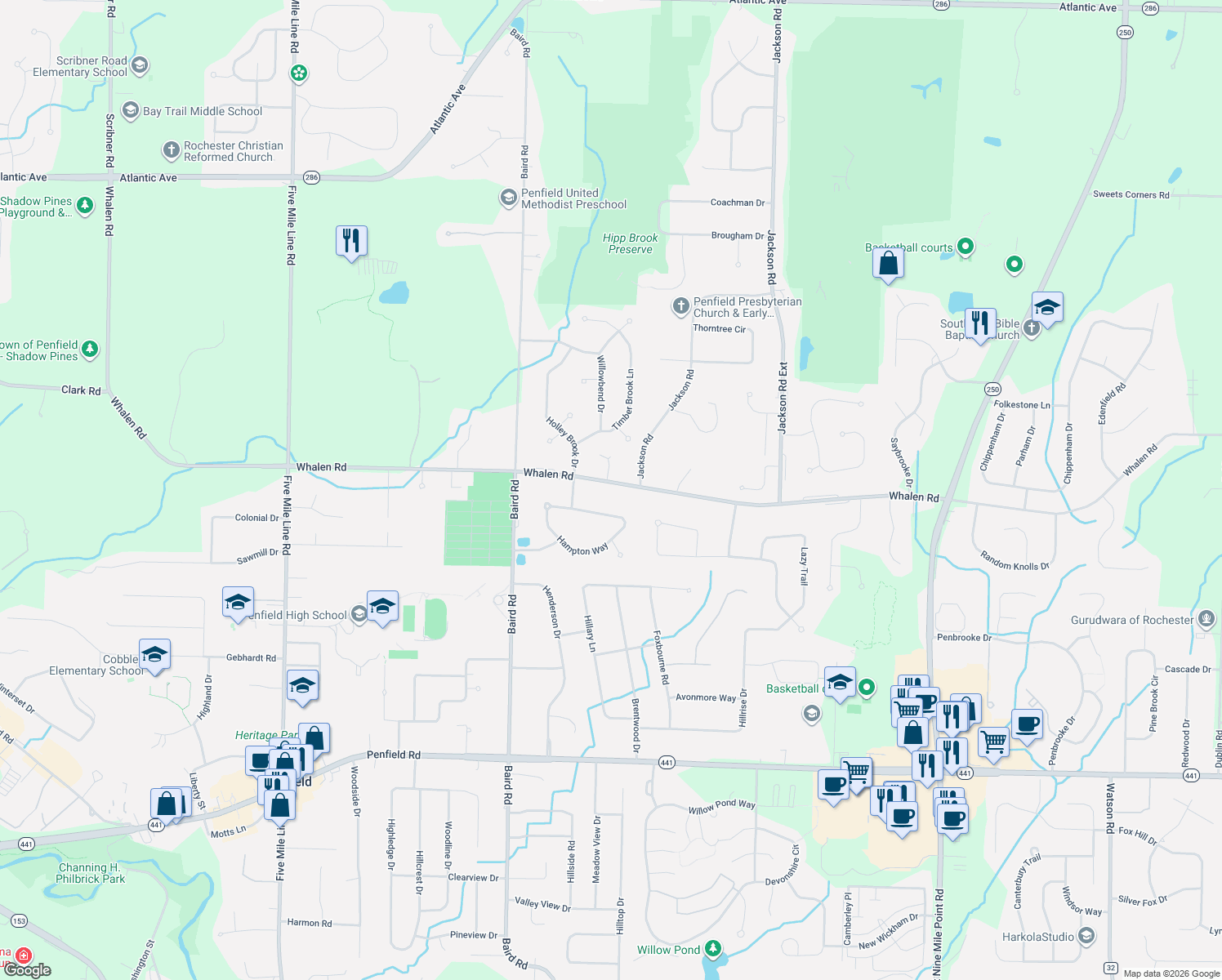 map of restaurants, bars, coffee shops, grocery stores, and more near 1013 Whalen Road in Penfield