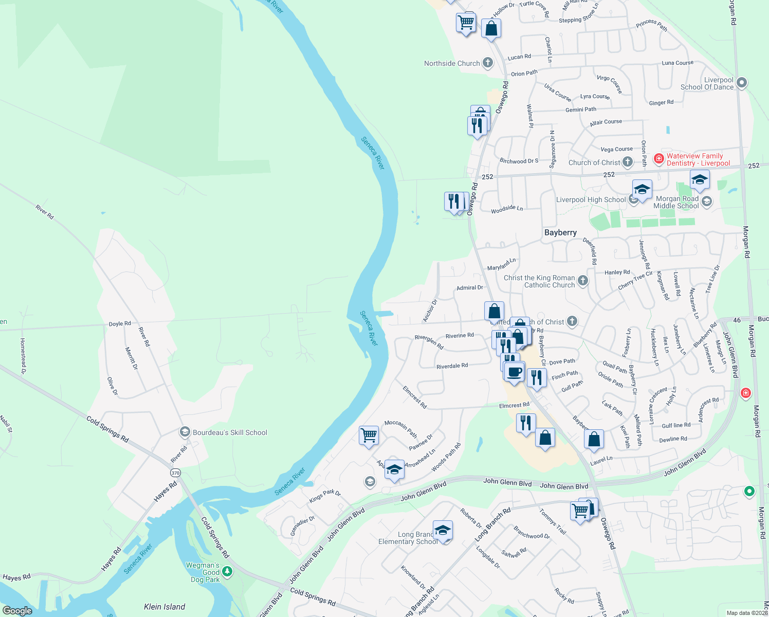 map of restaurants, bars, coffee shops, grocery stores, and more near 3991 Bay Park Drive in Liverpool