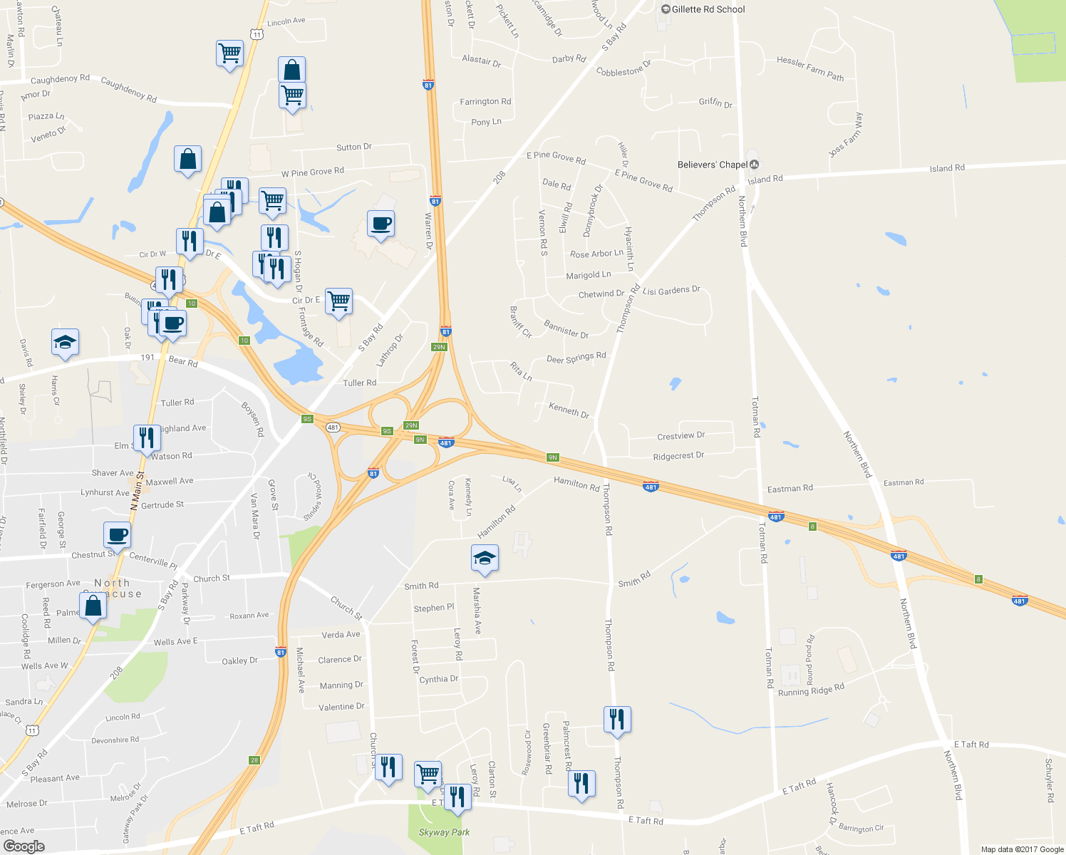 map of restaurants, bars, coffee shops, grocery stores, and more near 6078 Kenneth Drive in North Syracuse