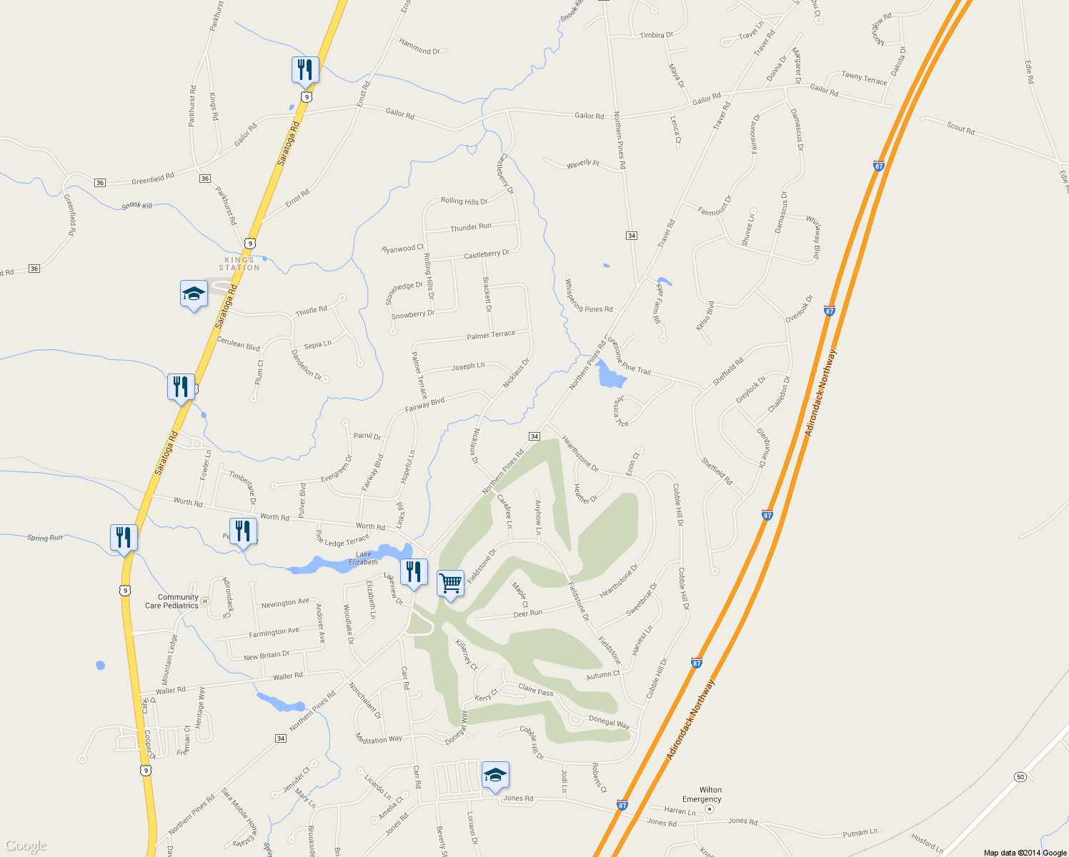 map of restaurants, bars, coffee shops, grocery stores, and more near 274 Northern Pines Road in Gansevoort