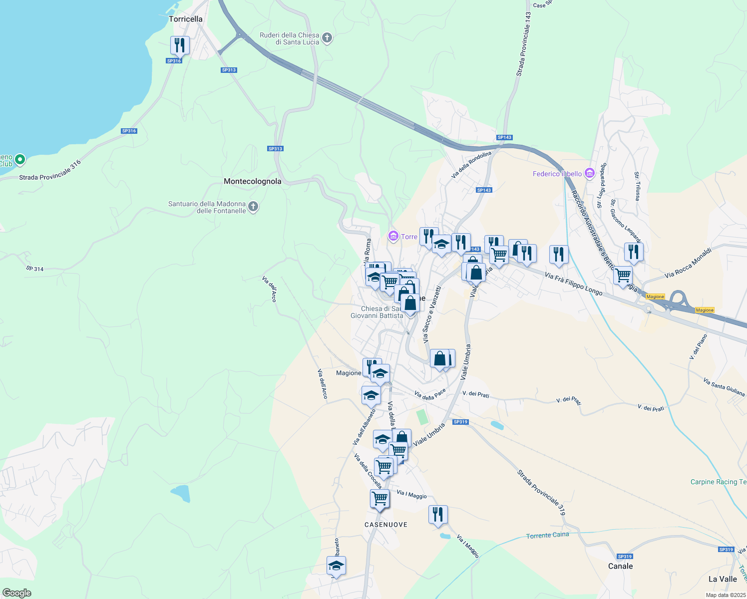 map of restaurants, bars, coffee shops, grocery stores, and more near N.1 Via della Ripa in Magione