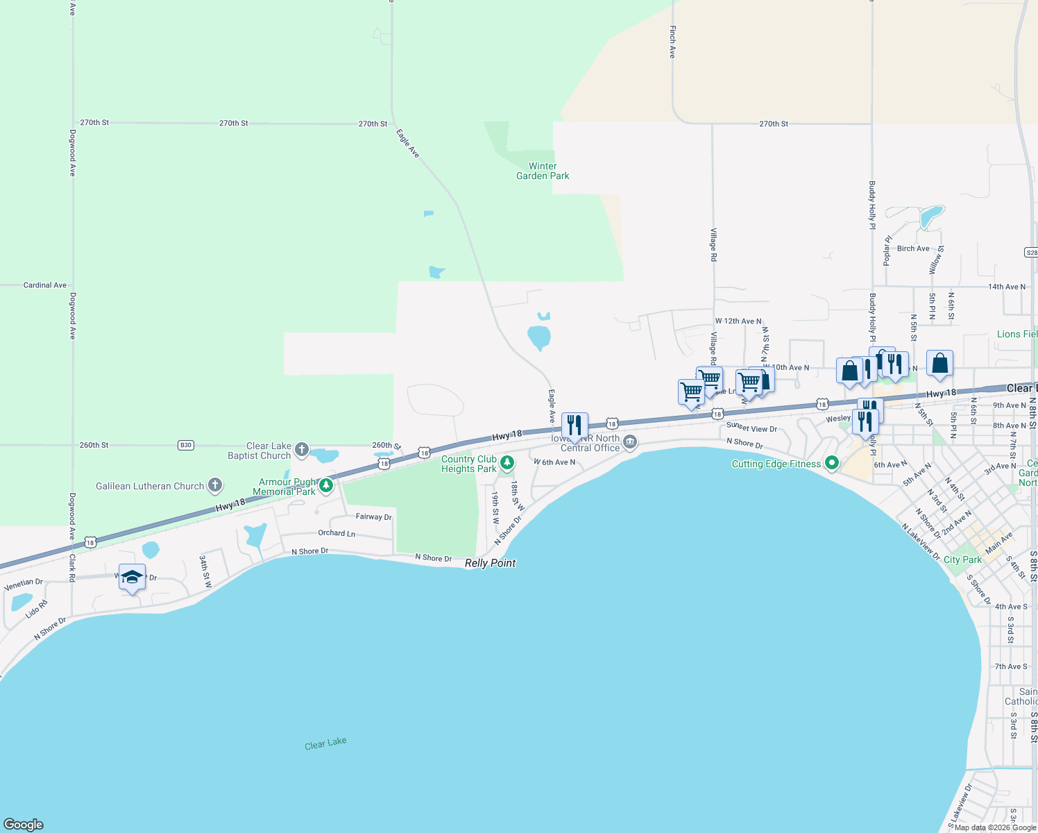 map of restaurants, bars, coffee shops, grocery stores, and more near 1720 U.S. 18 in Clear Lake