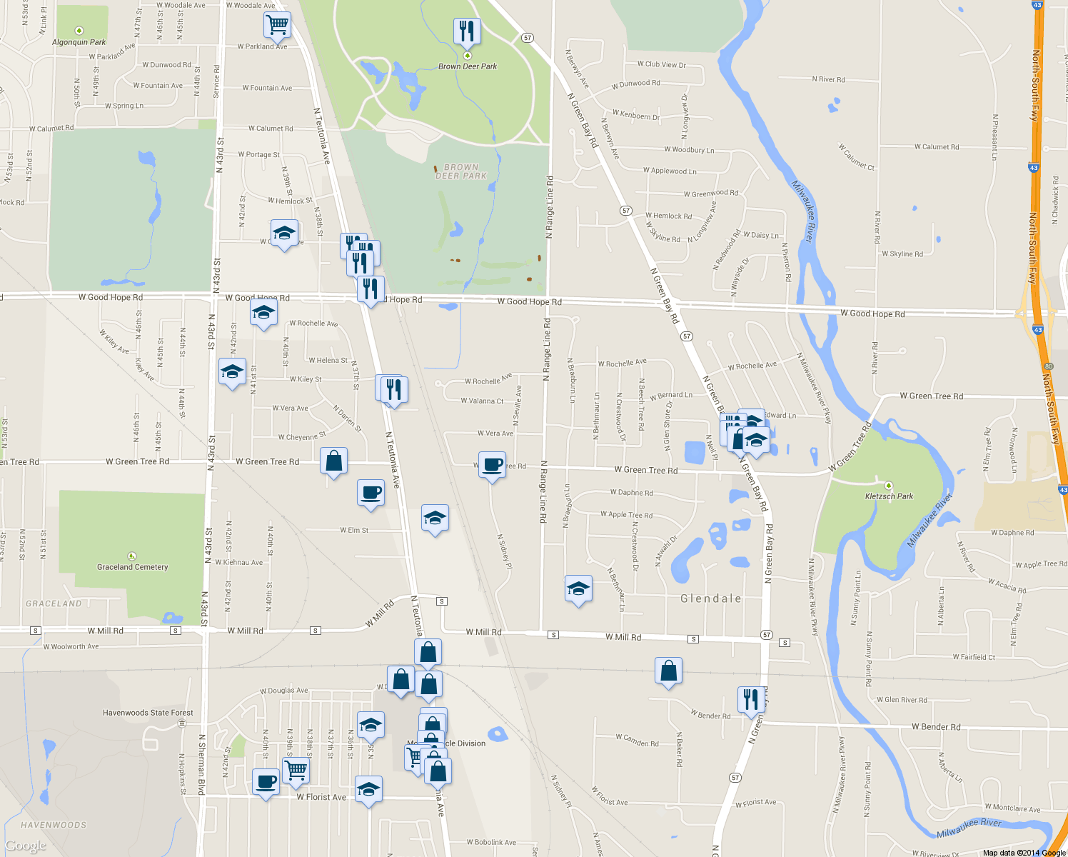 map of restaurants, bars, coffee shops, grocery stores, and more near 2724 West Vera Avenue in Glendale