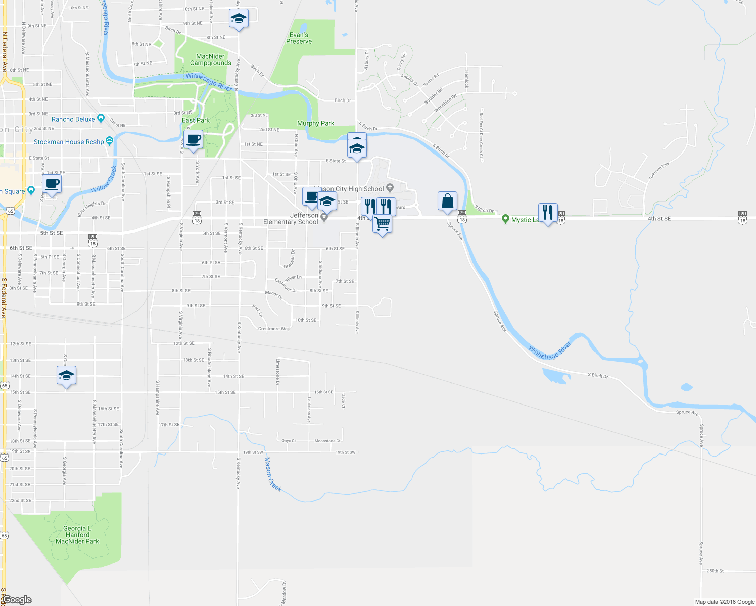 map of restaurants, bars, coffee shops, grocery stores, and more near 1600 Royale Circle in Mason City
