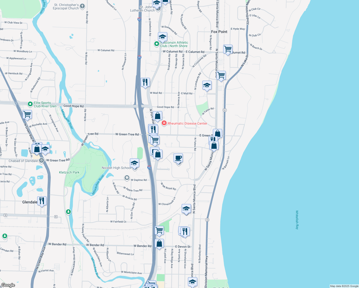 map of restaurants, bars, coffee shops, grocery stores, and more near 6923 North Seneca Avenue in Glendale