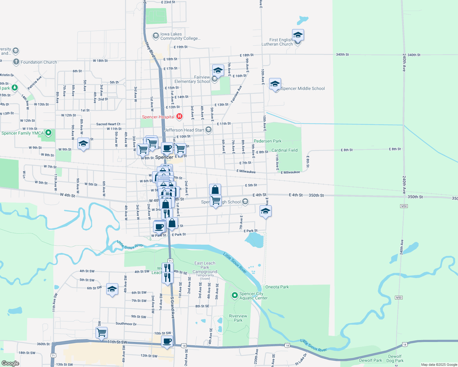 map of restaurants, bars, coffee shops, grocery stores, and more near 605 E 5th St in Spencer