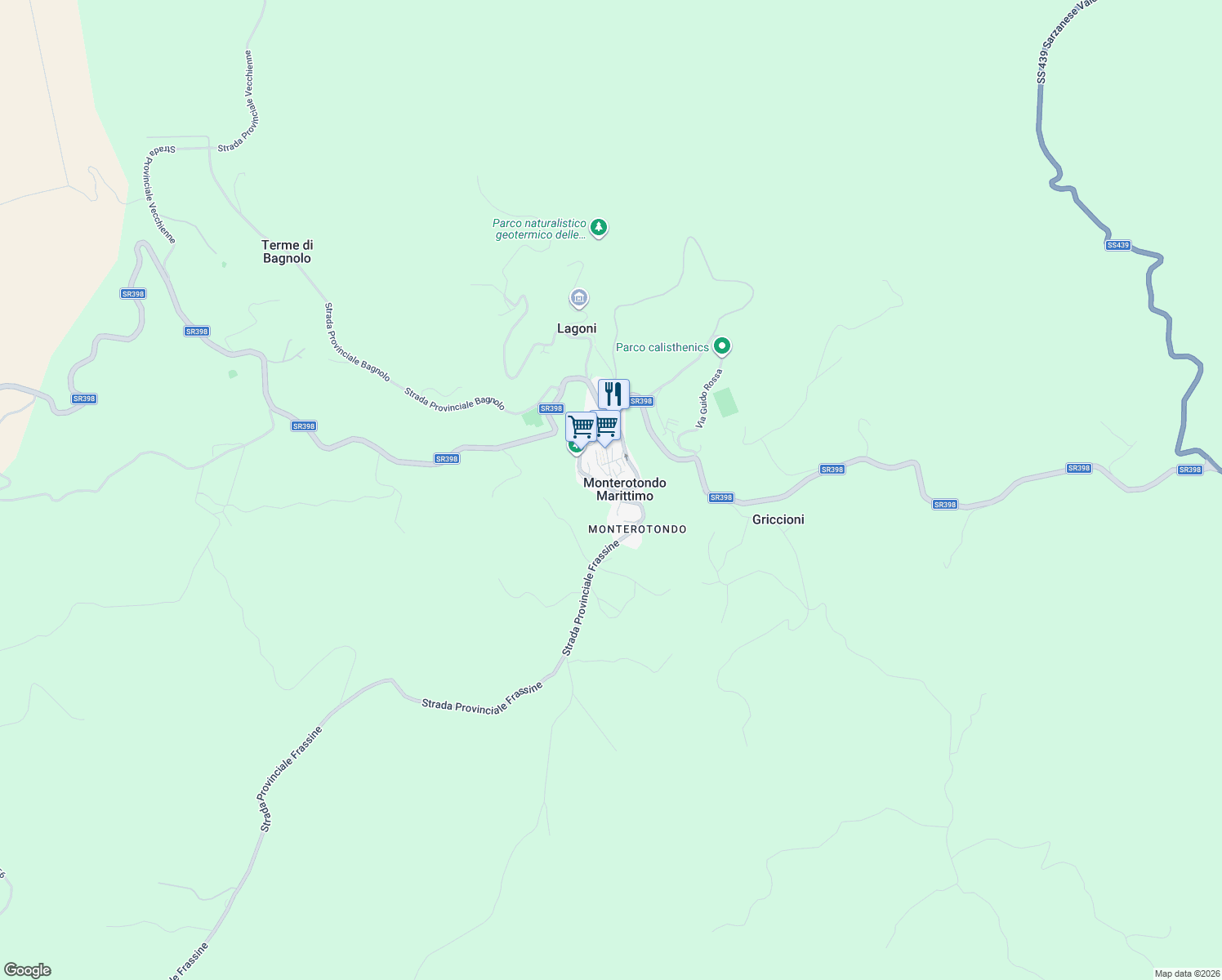 map of restaurants, bars, coffee shops, grocery stores, and more near 444 Viale Giuseppe Garibaldi in Monterotondo Marittimo