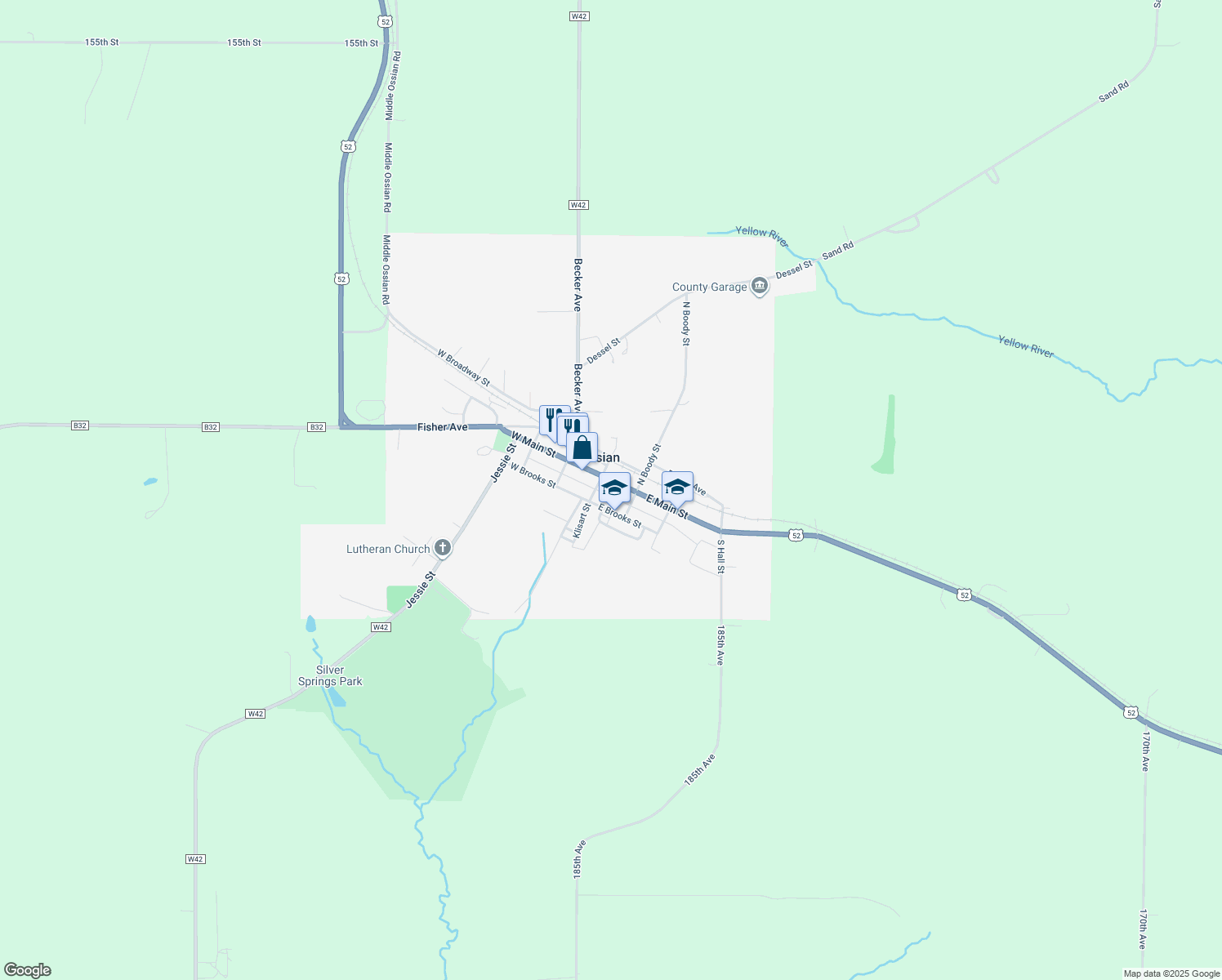 map of restaurants, bars, coffee shops, grocery stores, and more near 204 E Main St in Ossian