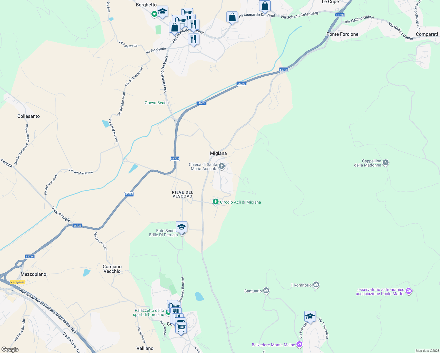 map of restaurants, bars, coffee shops, grocery stores, and more near 12 Via Gian Battista Vico in Migiana