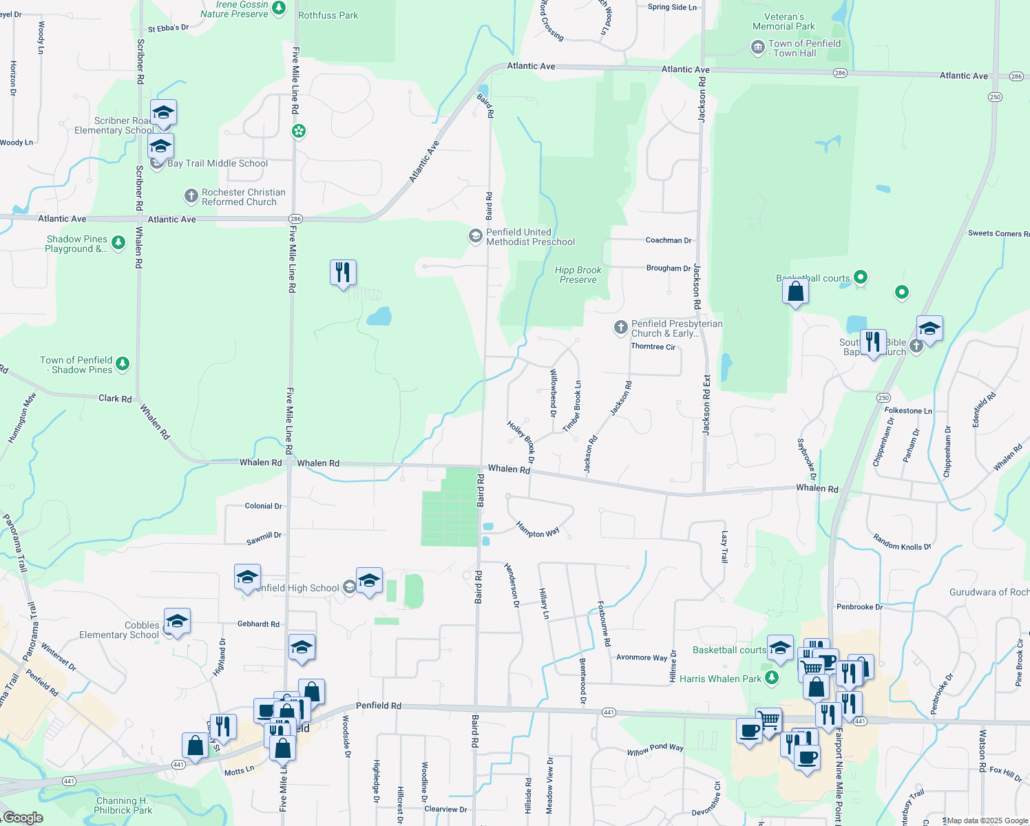 map of restaurants, bars, coffee shops, grocery stores, and more near 77 Holley Brook Drive in Penfield