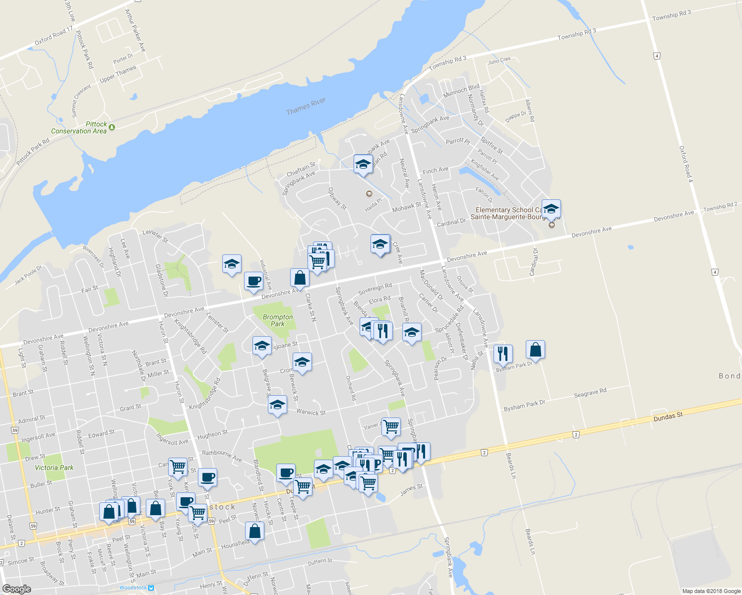 map of restaurants, bars, coffee shops, grocery stores, and more near 1041 Elora Road in Woodstock
