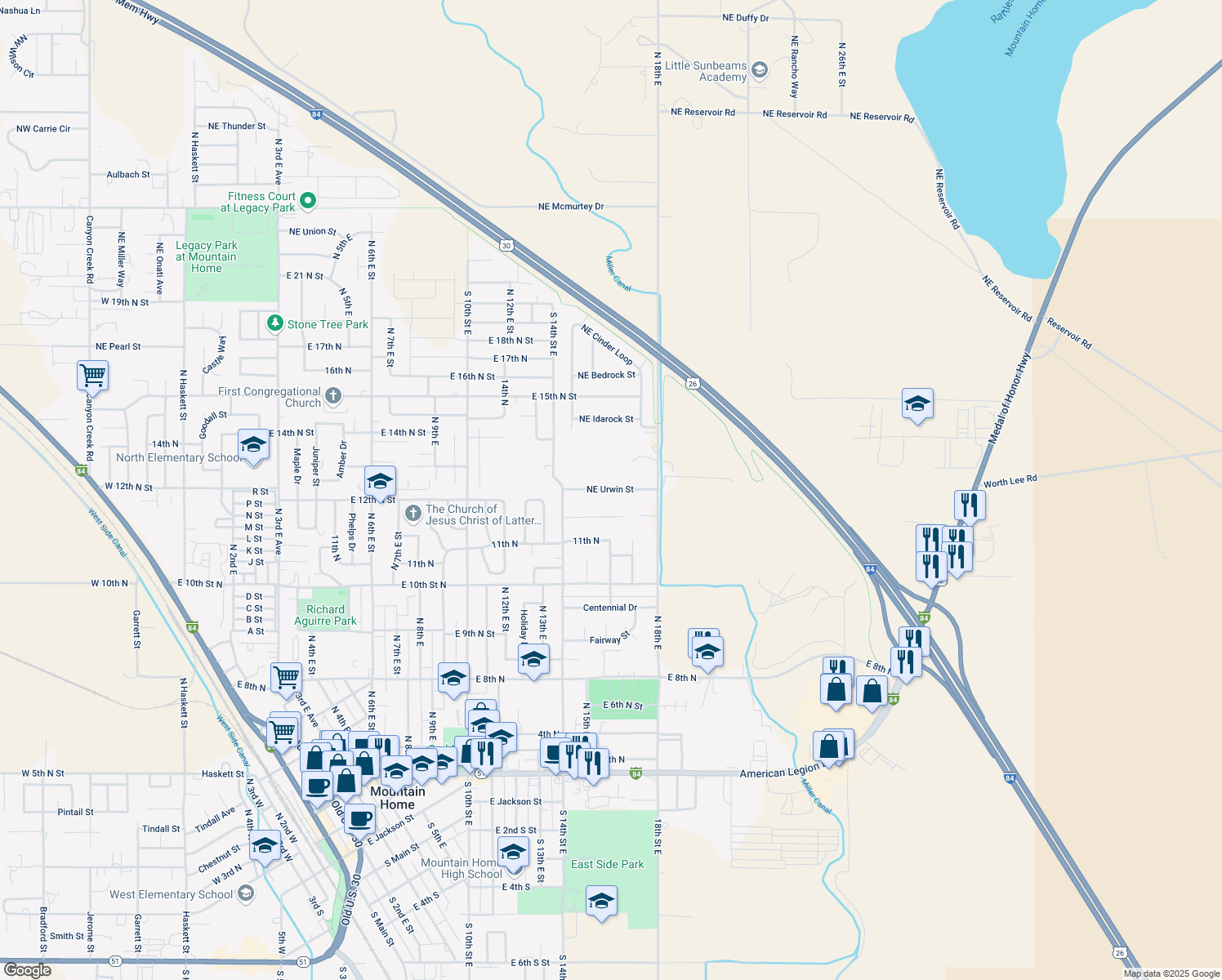 map of restaurants, bars, coffee shops, grocery stores, and more near 1605 Northeast Urwin Street in Mountain Home