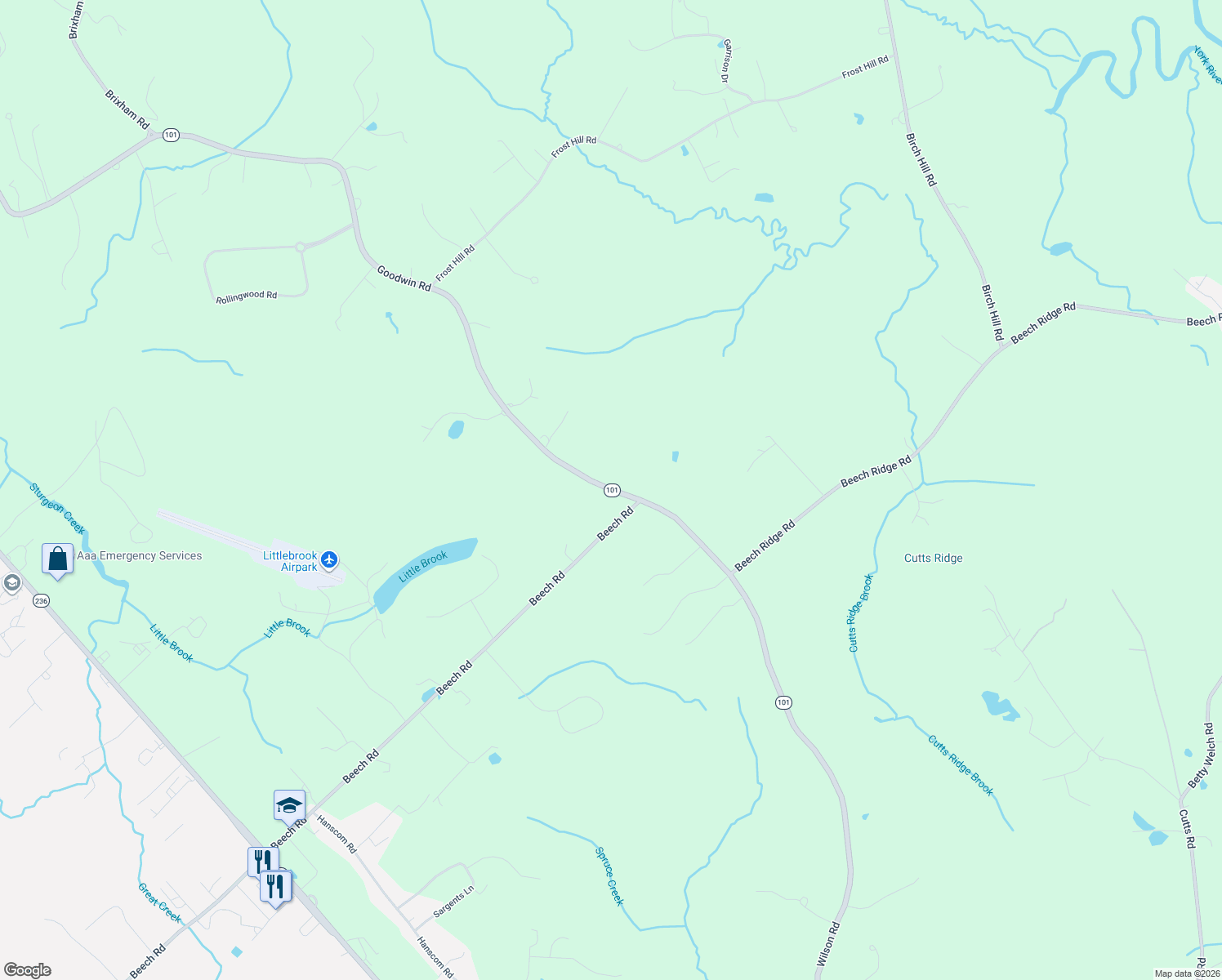 map of restaurants, bars, coffee shops, grocery stores, and more near 167 Goodwin Road in Eliot