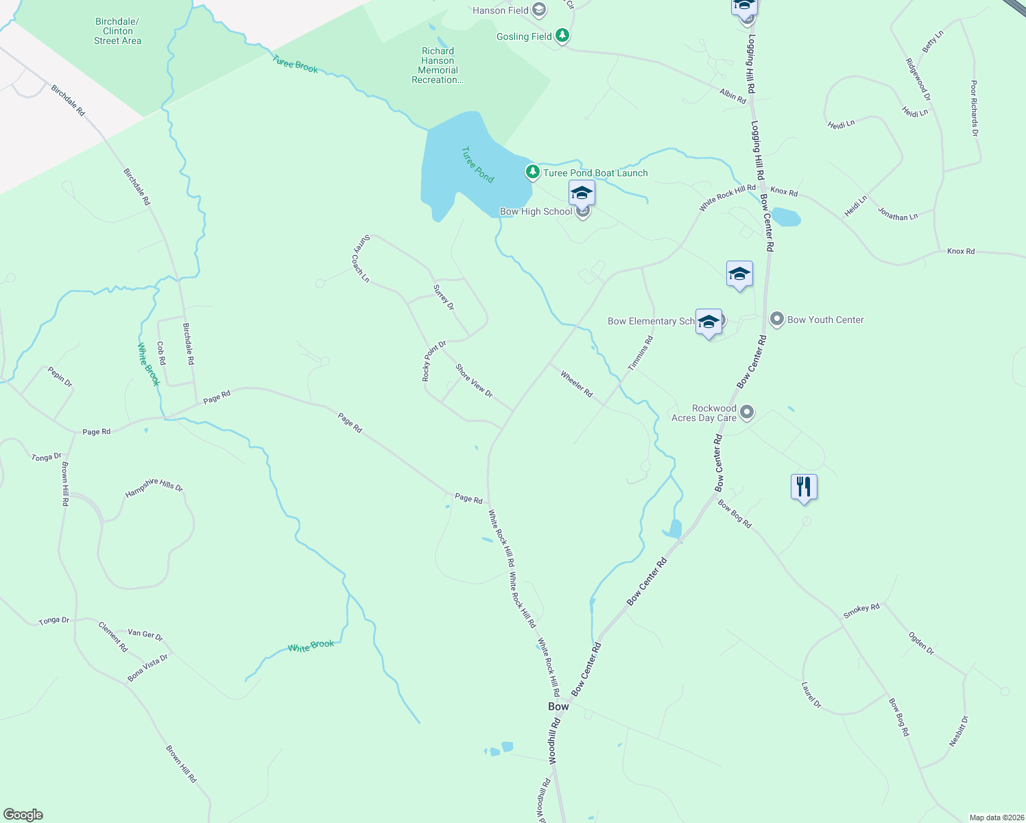 map of restaurants, bars, coffee shops, grocery stores, and more near 55 White Rock Hill Rd in Bow