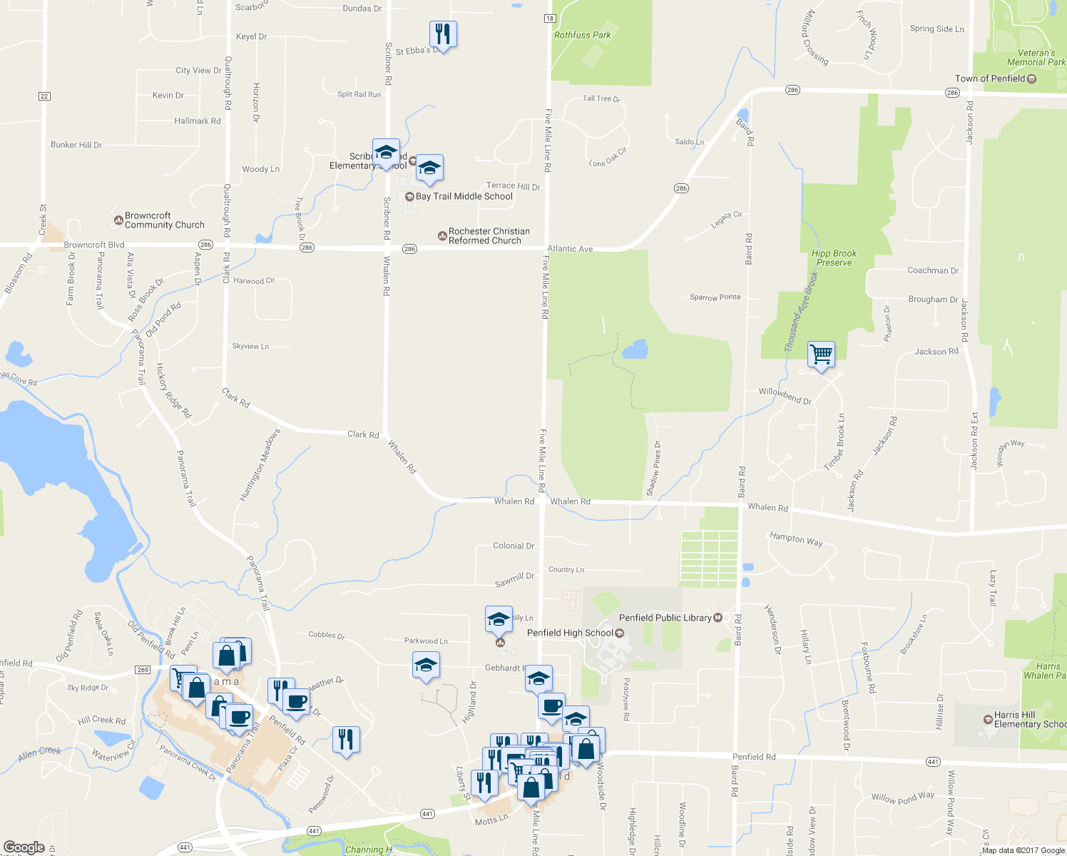 map of restaurants, bars, coffee shops, grocery stores, and more near 1887 Five Mile Line Road in Penfield