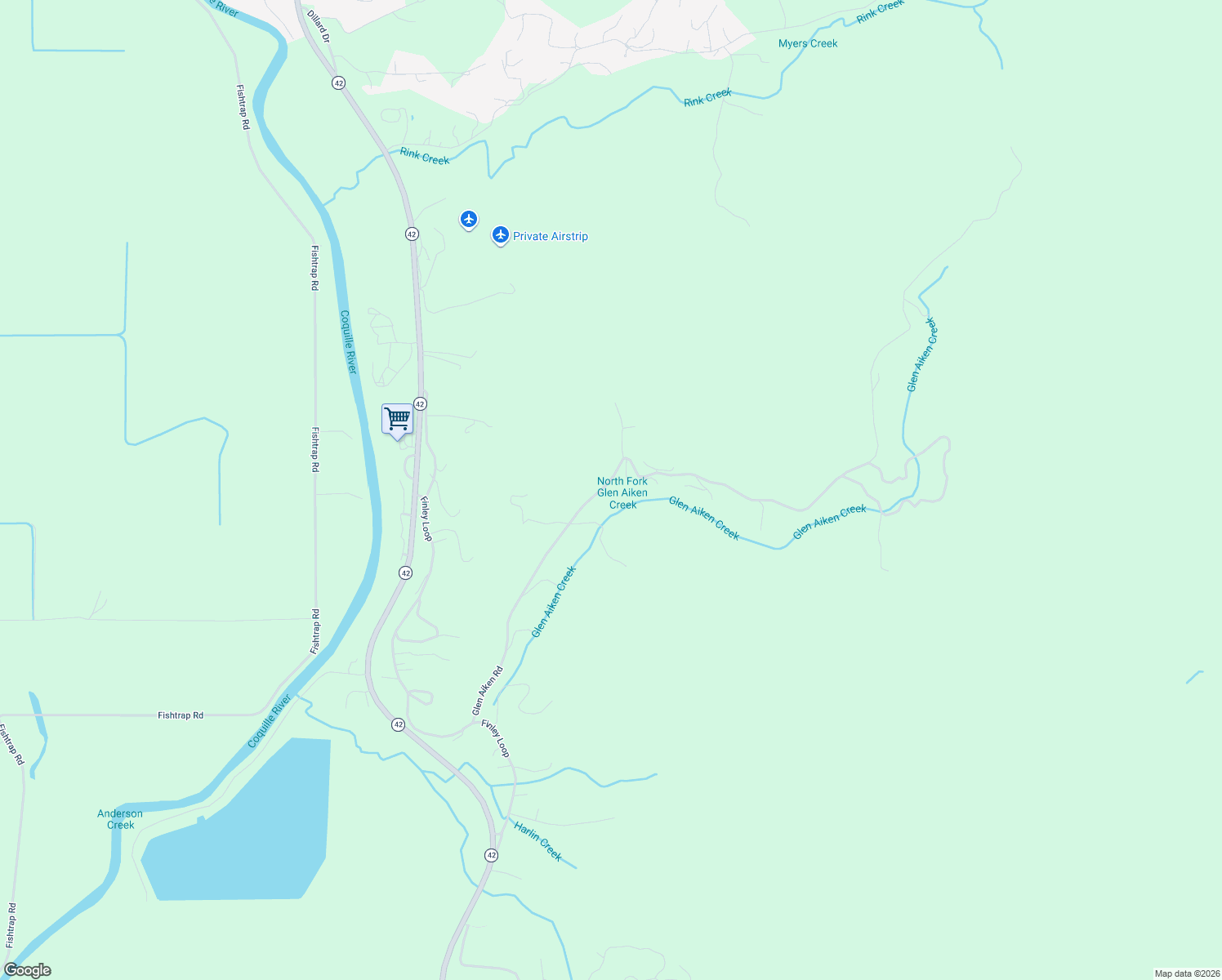 map of restaurants, bars, coffee shops, grocery stores, and more near 55641-55739 Glen Aiken Creek Rd in Coquille