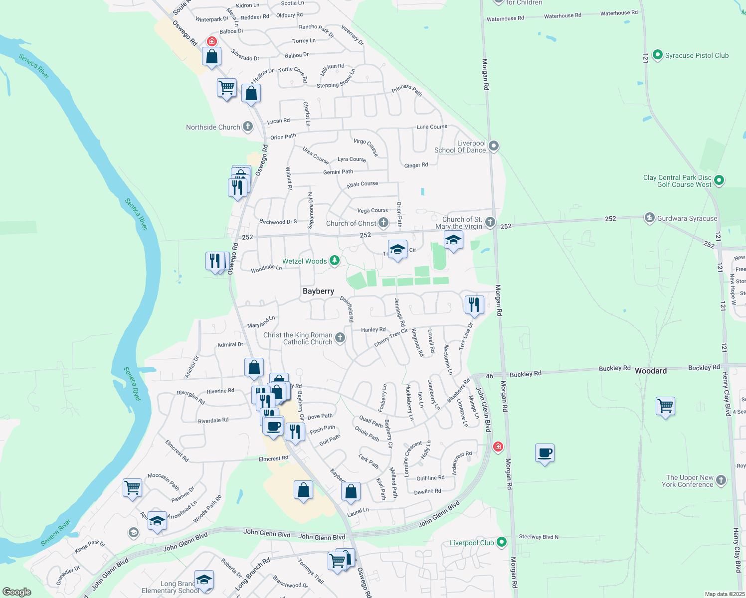 map of restaurants, bars, coffee shops, grocery stores, and more near 4280 Forestbrook Dr in Liverpool