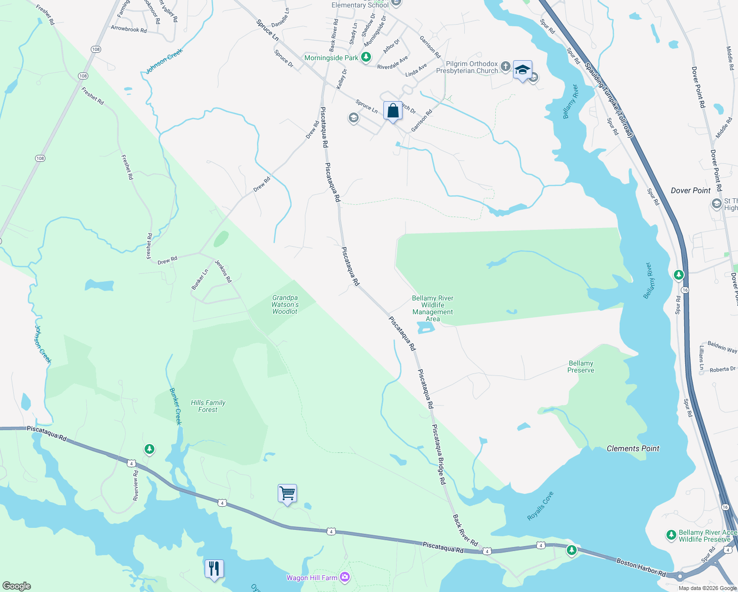 map of restaurants, bars, coffee shops, grocery stores, and more near 54 Piscataqua Road in Dover