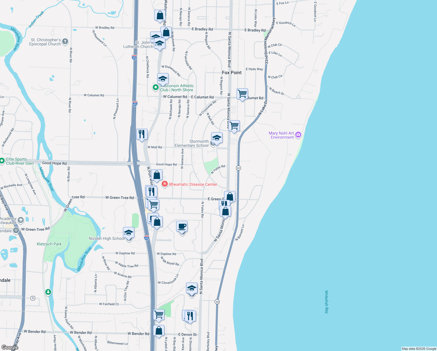 map of restaurants, bars, coffee shops, grocery stores, and more near 7109 North Longacre Road in Fox Point