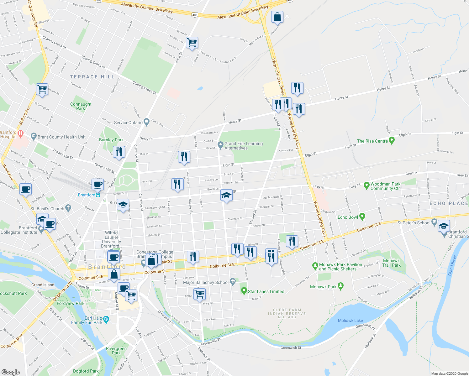 map of restaurants, bars, coffee shops, grocery stores, and more near 264 Grey Street in Brantford
