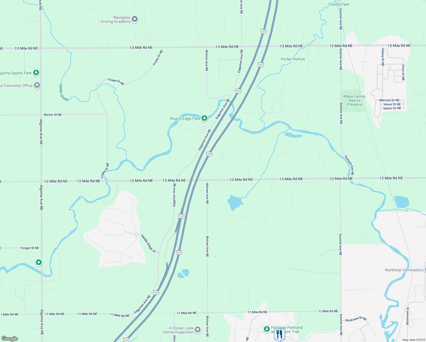 map of restaurants, bars, coffee shops, grocery stores, and more near 3445 12 Mile Road Northeast in Rockford