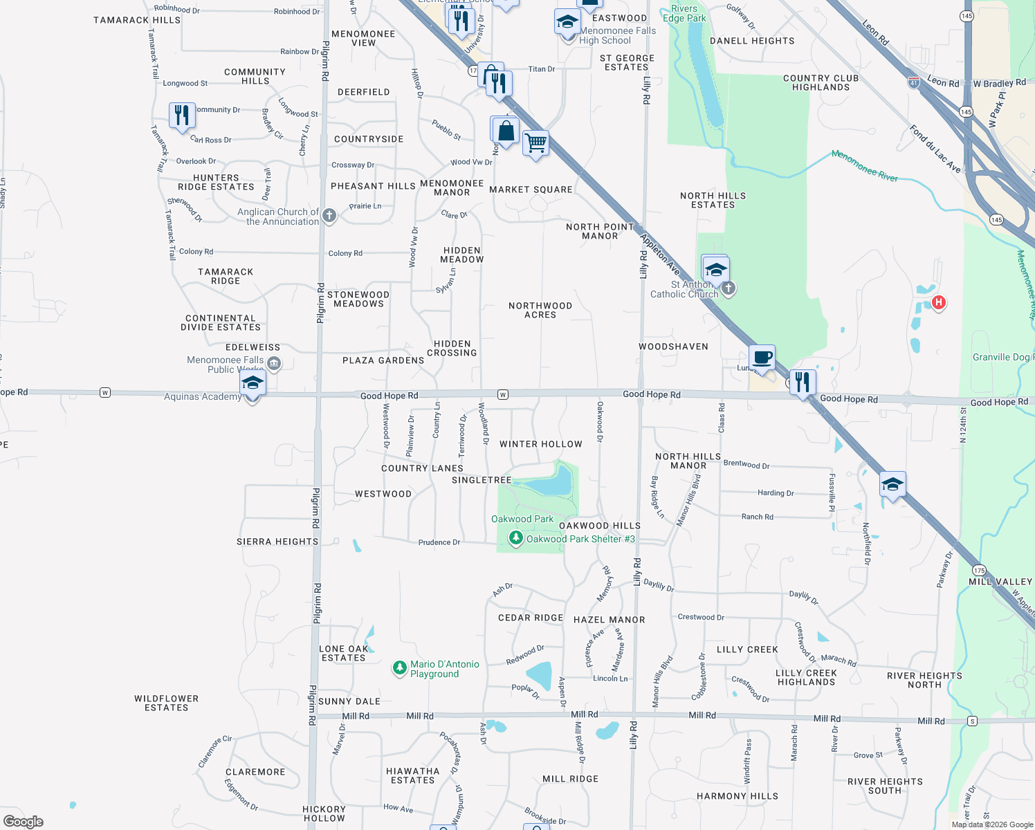 map of restaurants, bars, coffee shops, grocery stores, and more near 7148 Winter Hollow Drive in Menomonee Falls