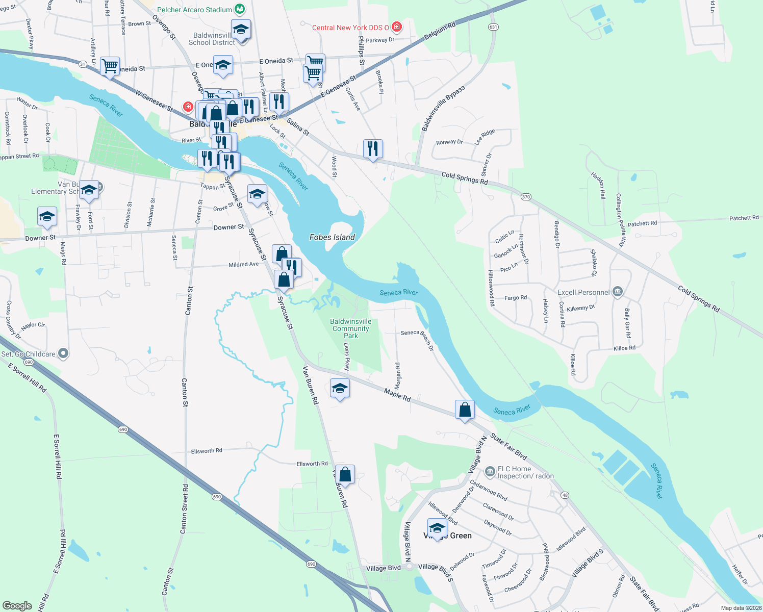 map of restaurants, bars, coffee shops, grocery stores, and more near 208 Seneca Ave in Baldwinsville