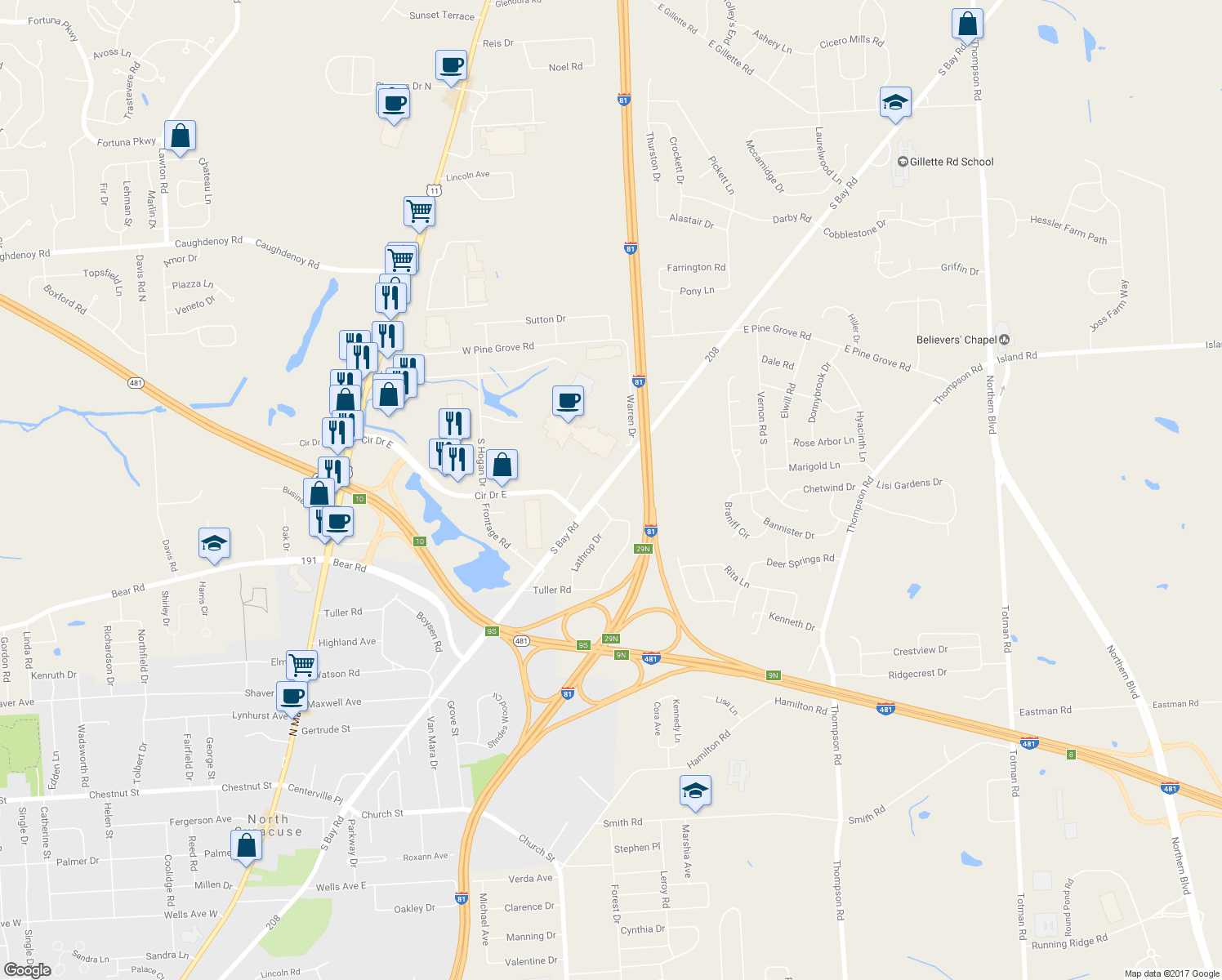 map of restaurants, bars, coffee shops, grocery stores, and more near 5756 South Bay Road in Cicero