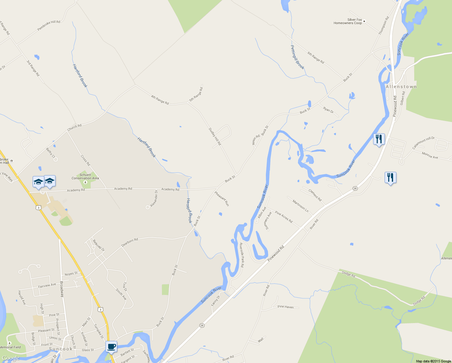 map of restaurants, bars, coffee shops, grocery stores, and more near 447 Buck Street in Pembroke