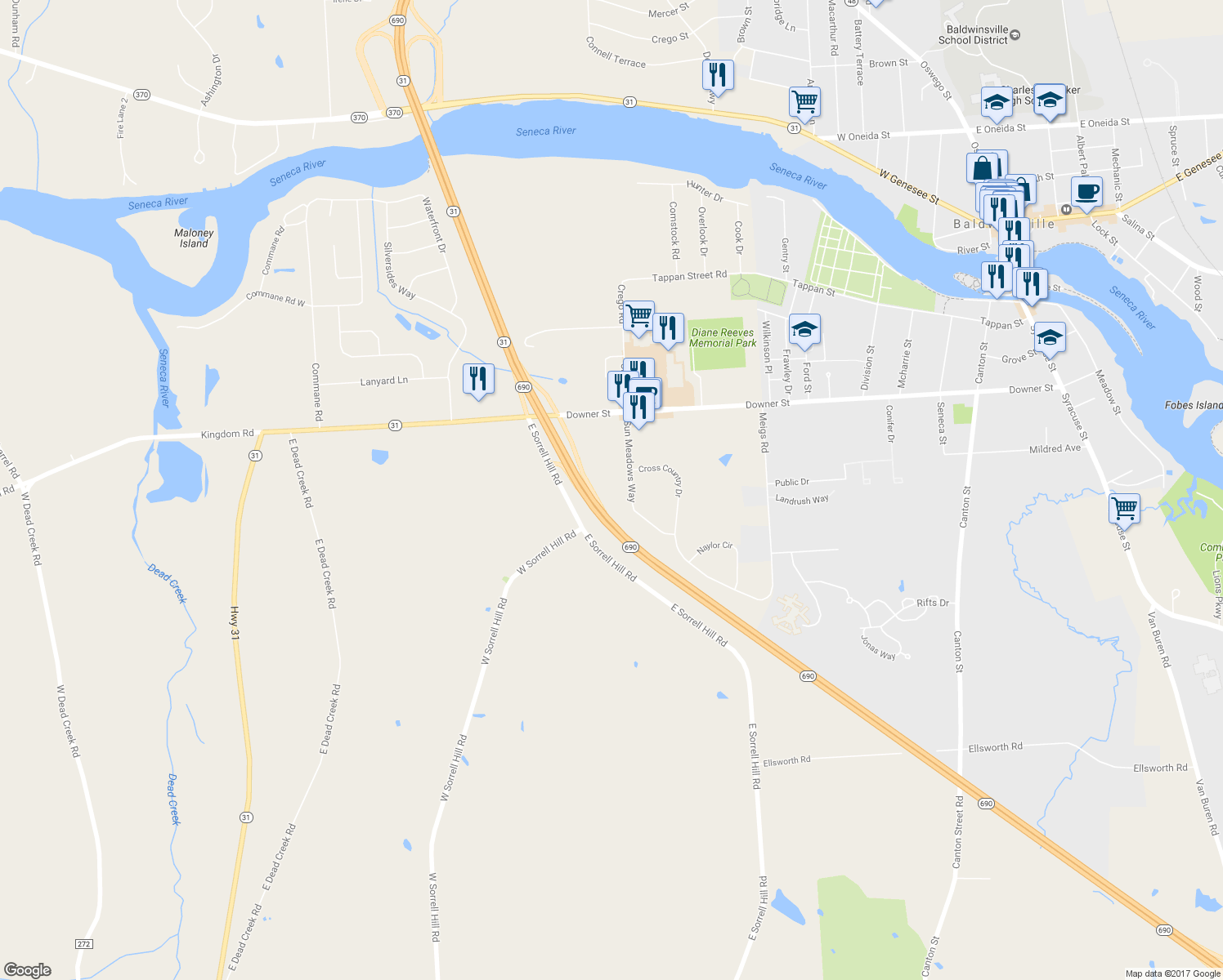 map of restaurants, bars, coffee shops, grocery stores, and more near 13 Sun Meadows Way in Baldwinsville